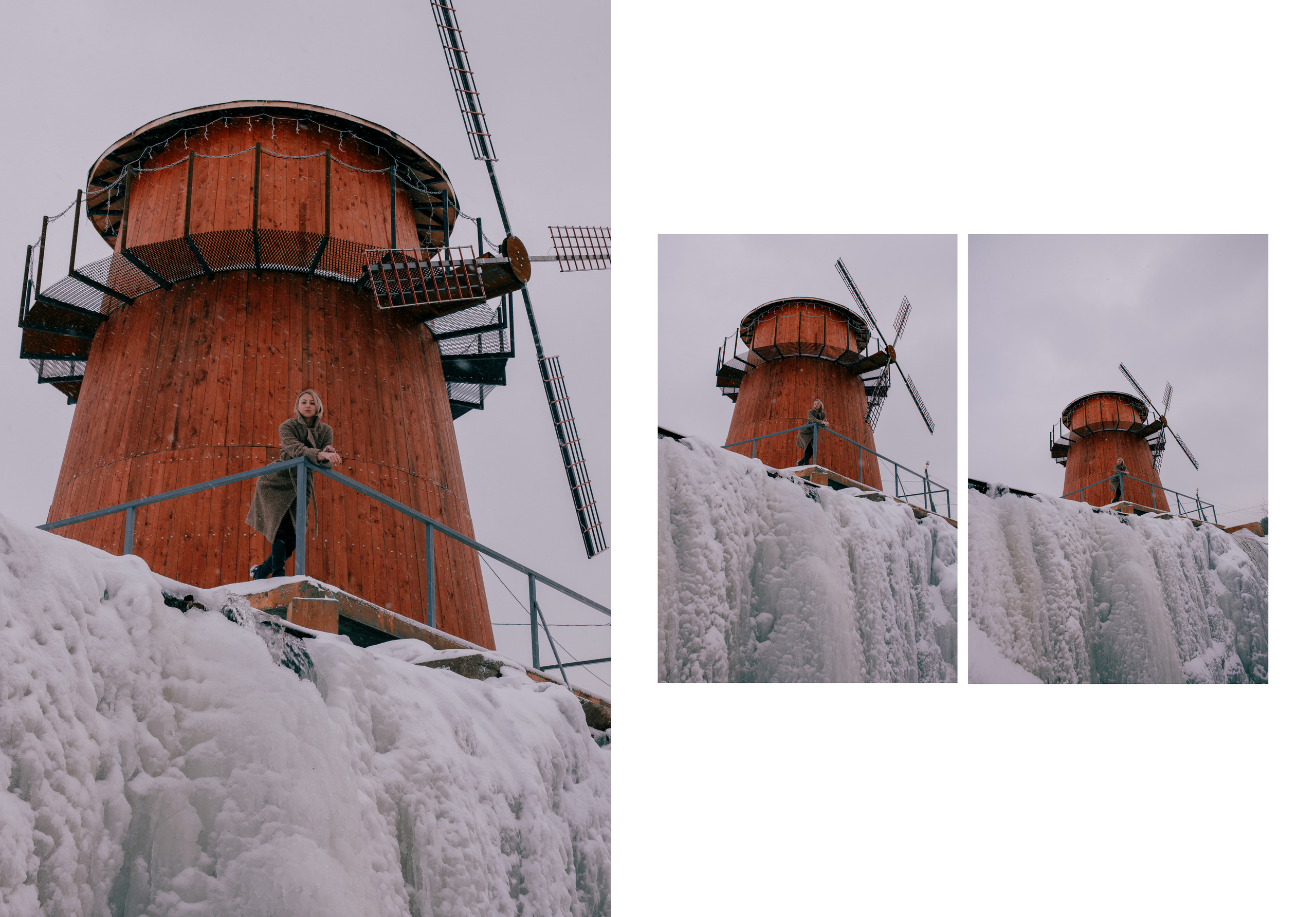 Девушка на мельнице у замерзшего Карпысакского водопада зимой.