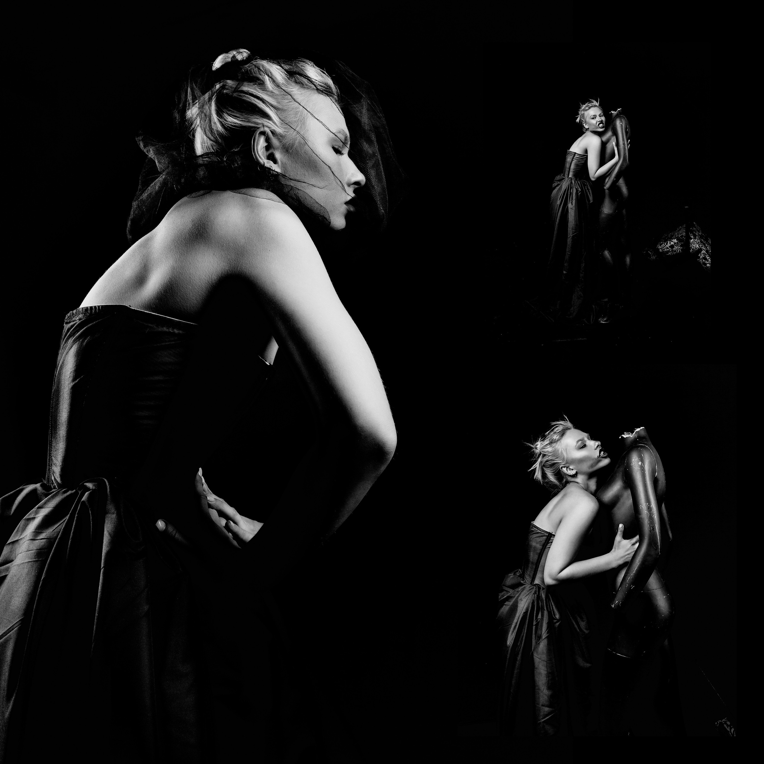 Девушка в черном бальном платье с черным корсетом и черной пышной юбке обнимает черный манекен.