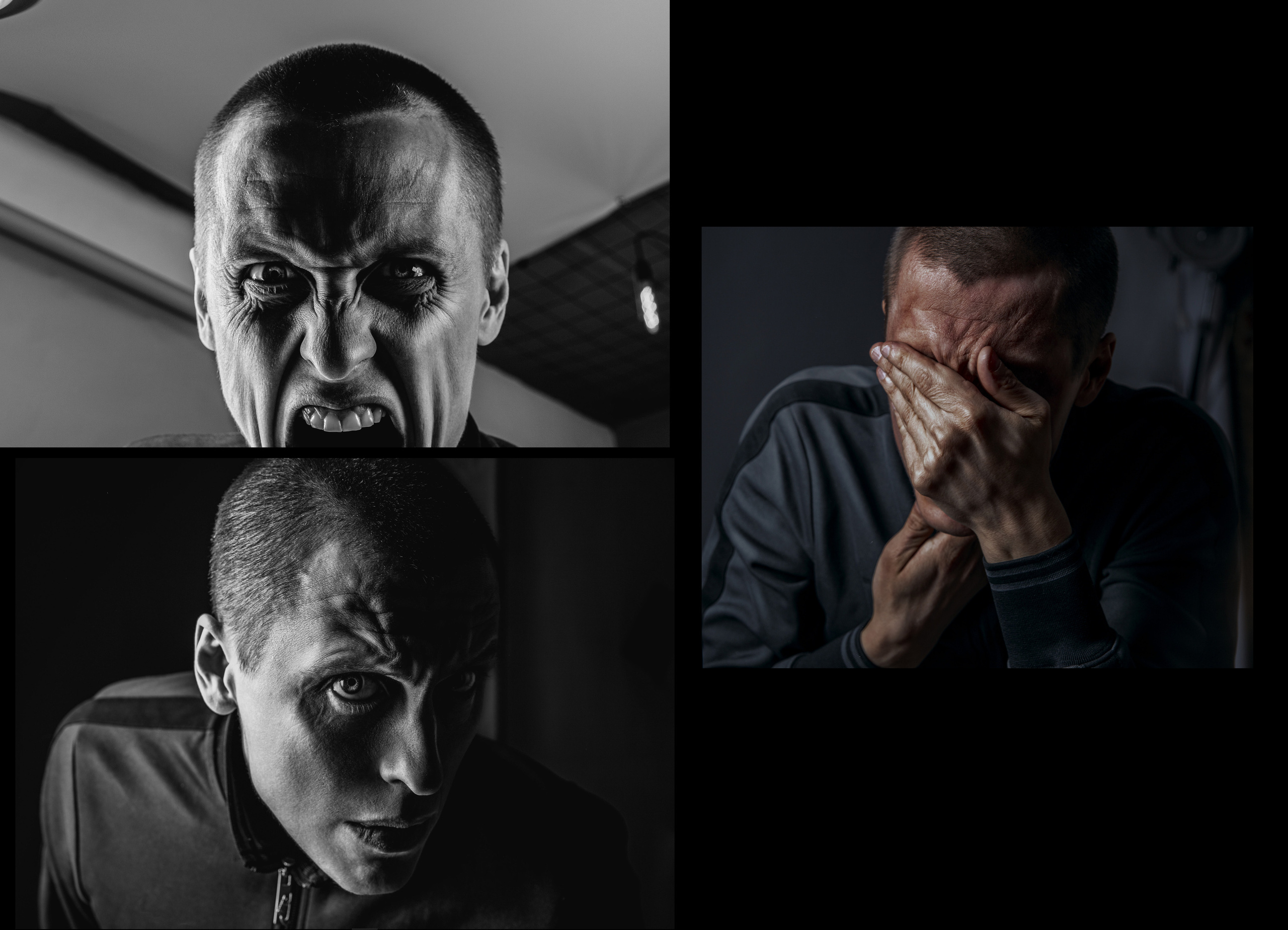 Короткостриженный парень заглядывает в камеру, кричит и закрывает лицо руками, характерная фотография .