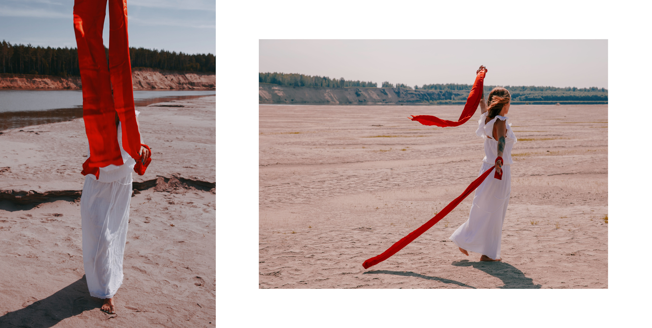 Девушка в белом платье с красными лентами в руках идет по песку.