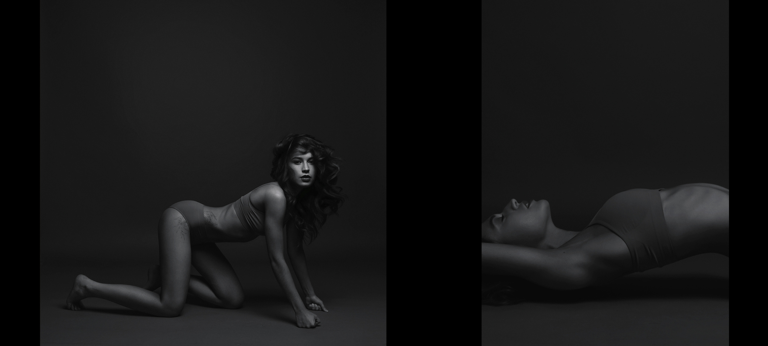 Чб фото девушки в белье с волнистыми волосами в стиле минимализм,  девушка стоит на карачках.