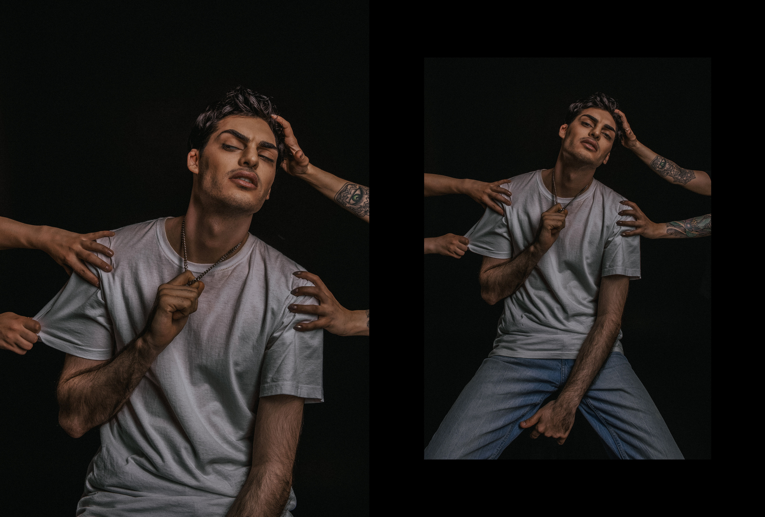 Красивого парня тянут в разные стороны женские руки.