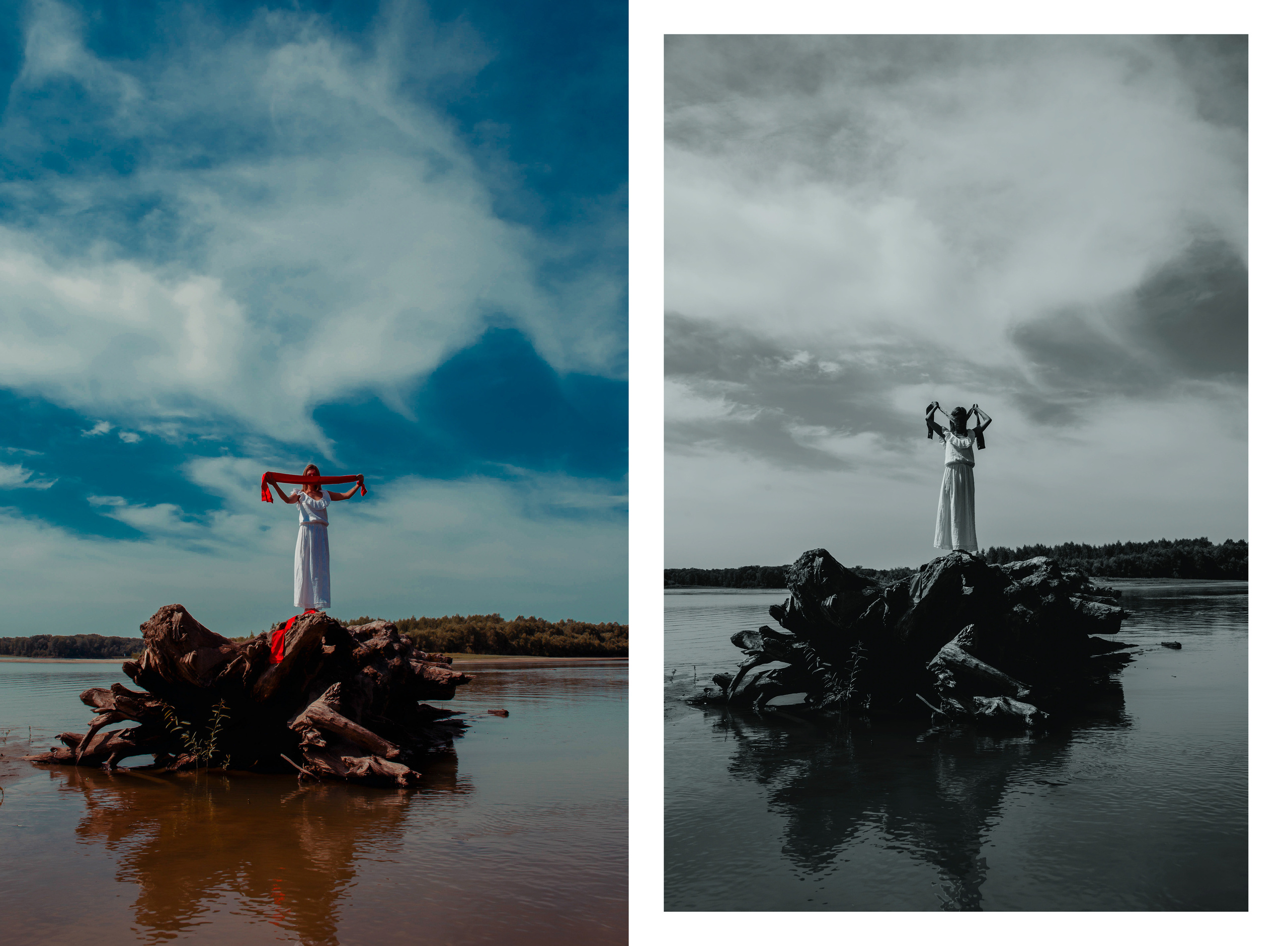 Девушка в белом платье с завязанными глазами стоит на огромном бревне в реке.