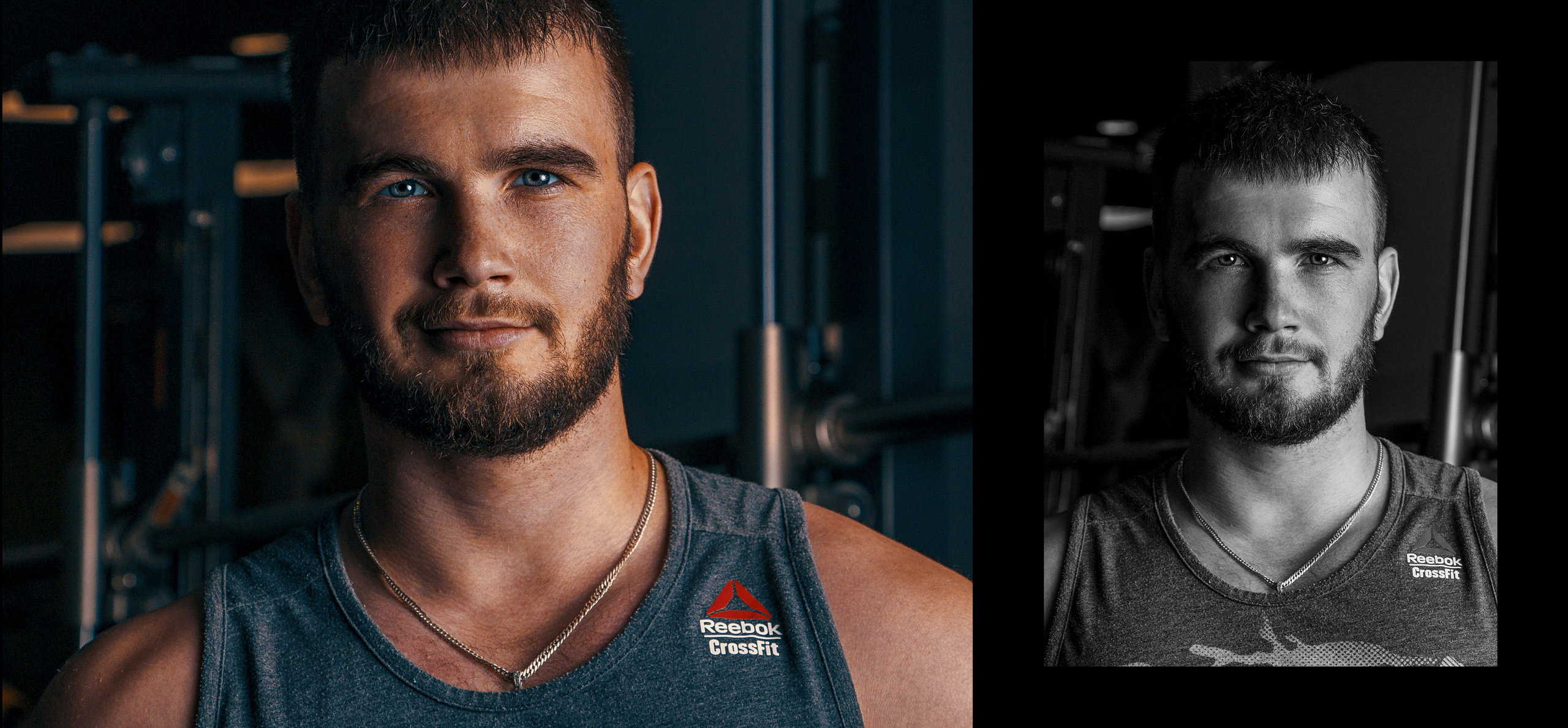 Тренер Alex Fitness Сергей Боровский с синими глазами и серой майкой в зале.