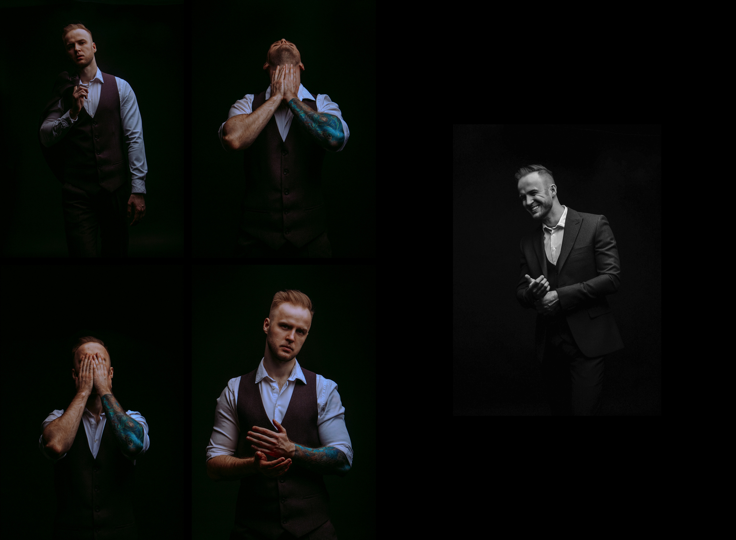 Студийный строгий портрет парня со светлыми волосами в голубой рубашке и бордовой жилетке.