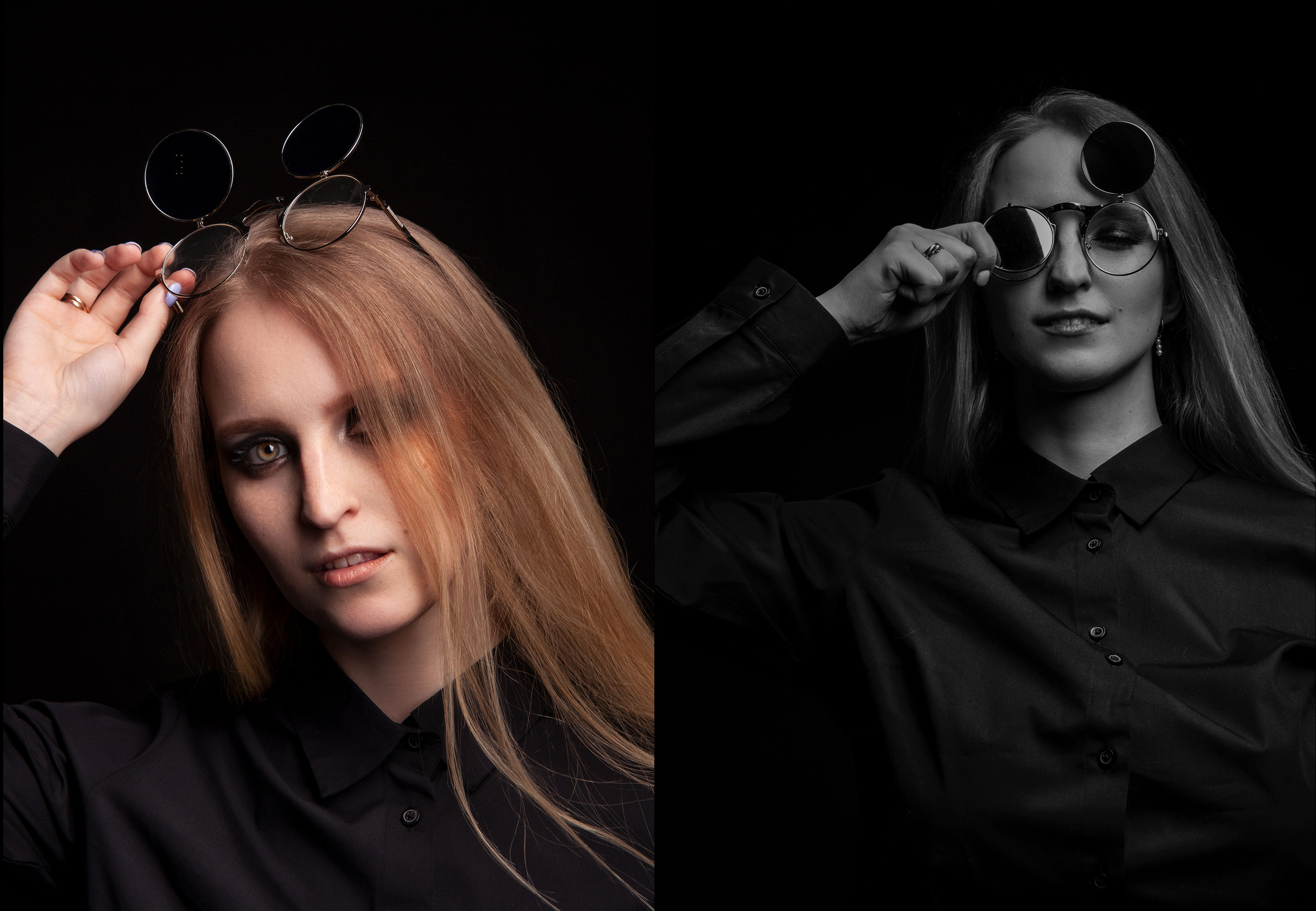 Девушка со светлыми волосами и в черных круглых очках с поднимающимся стеклом.