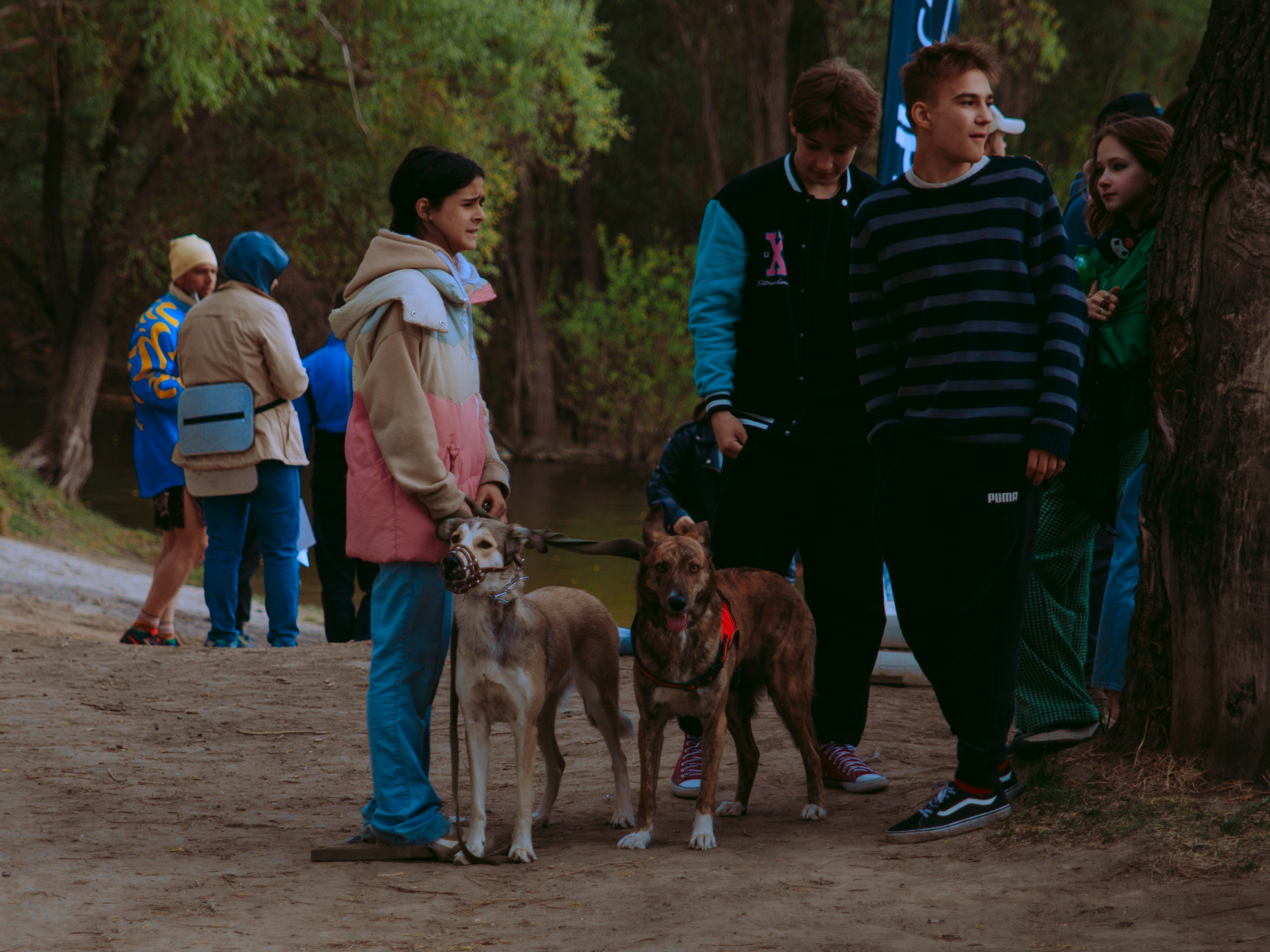 Эмоциональная девочка гуляет с собакой в парке.