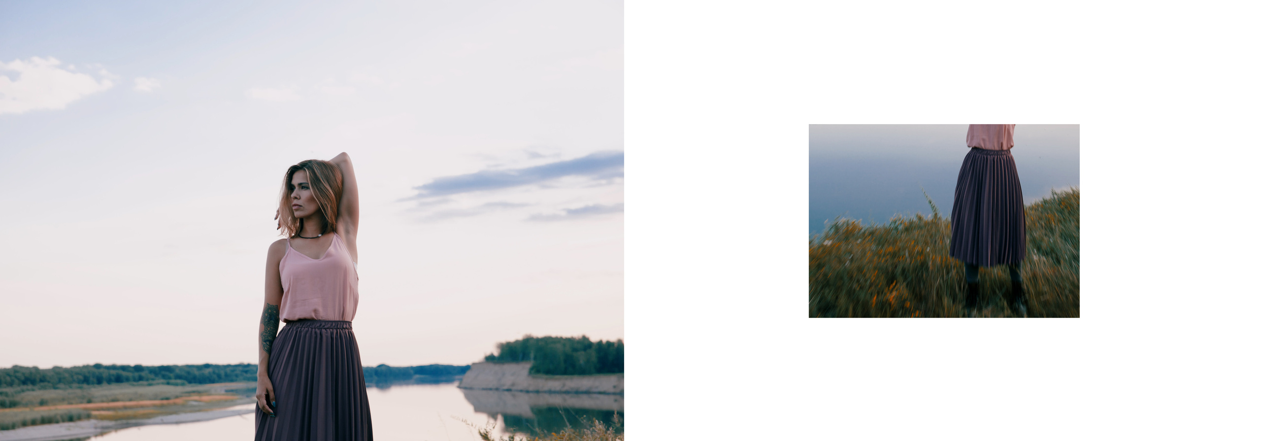 Девушка на фоне воды и неба на природе.