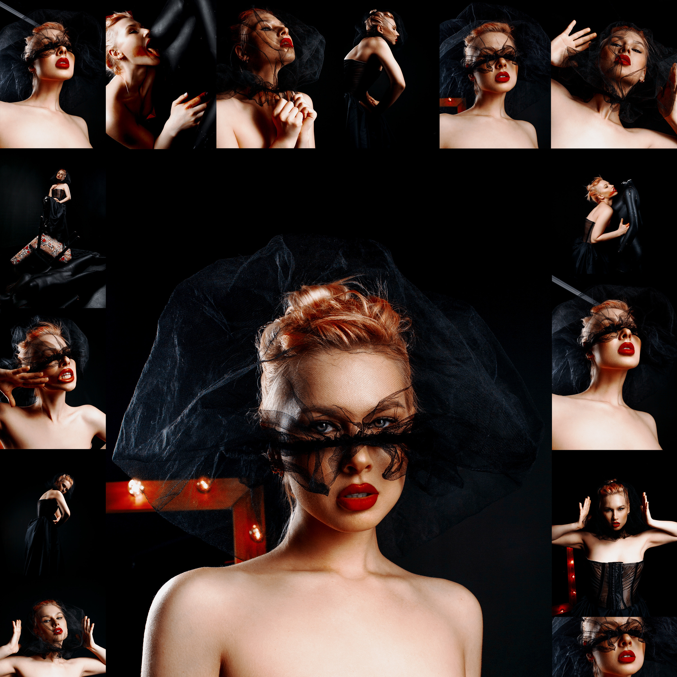 Портрет девушки с алой помадой и черной вуалью в черном чепчике.