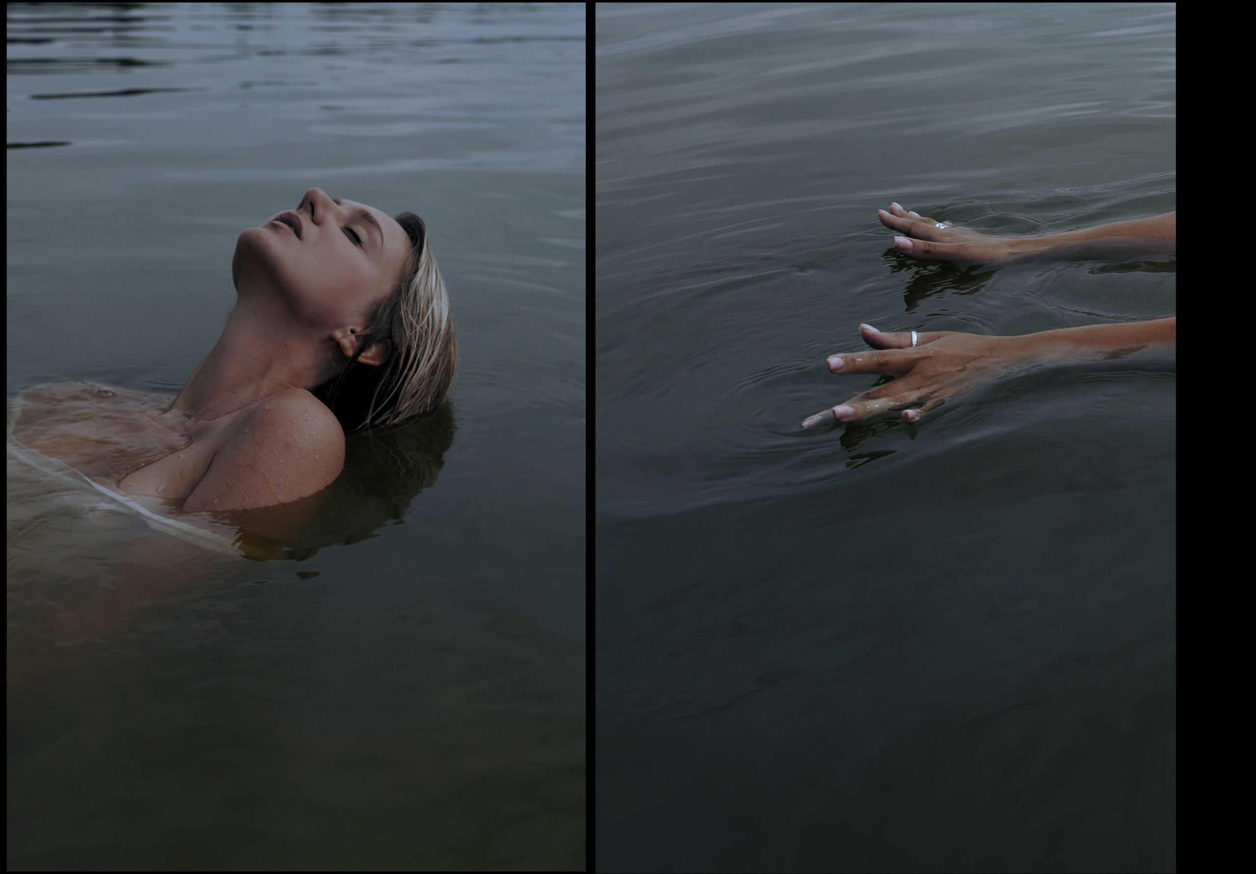 Девушка ню в голубой воде, портрет блондинки в реке.