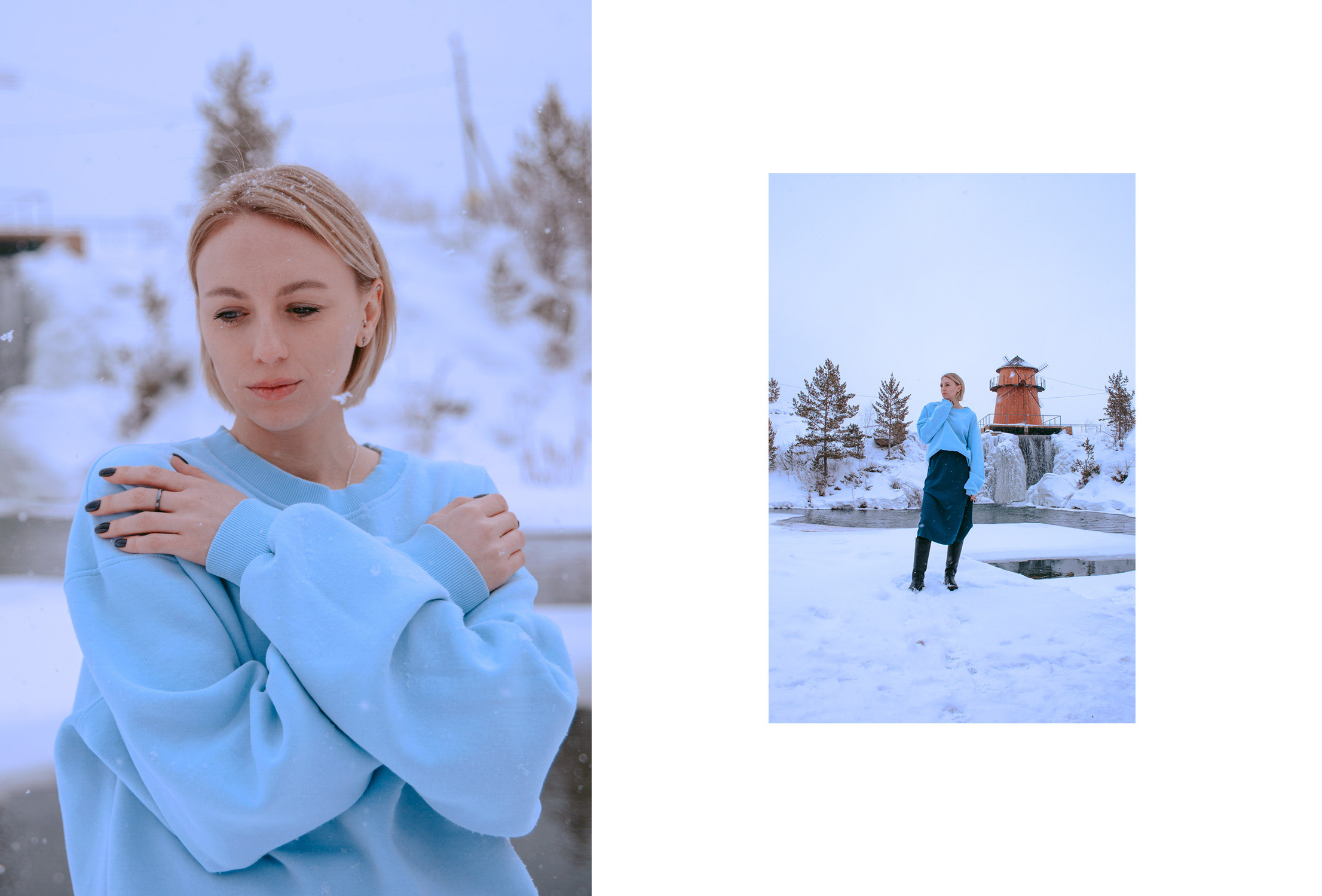 Нежный портрет девушки блондинки в голубой кофте и длинной юбке на светлом фоне зимой.