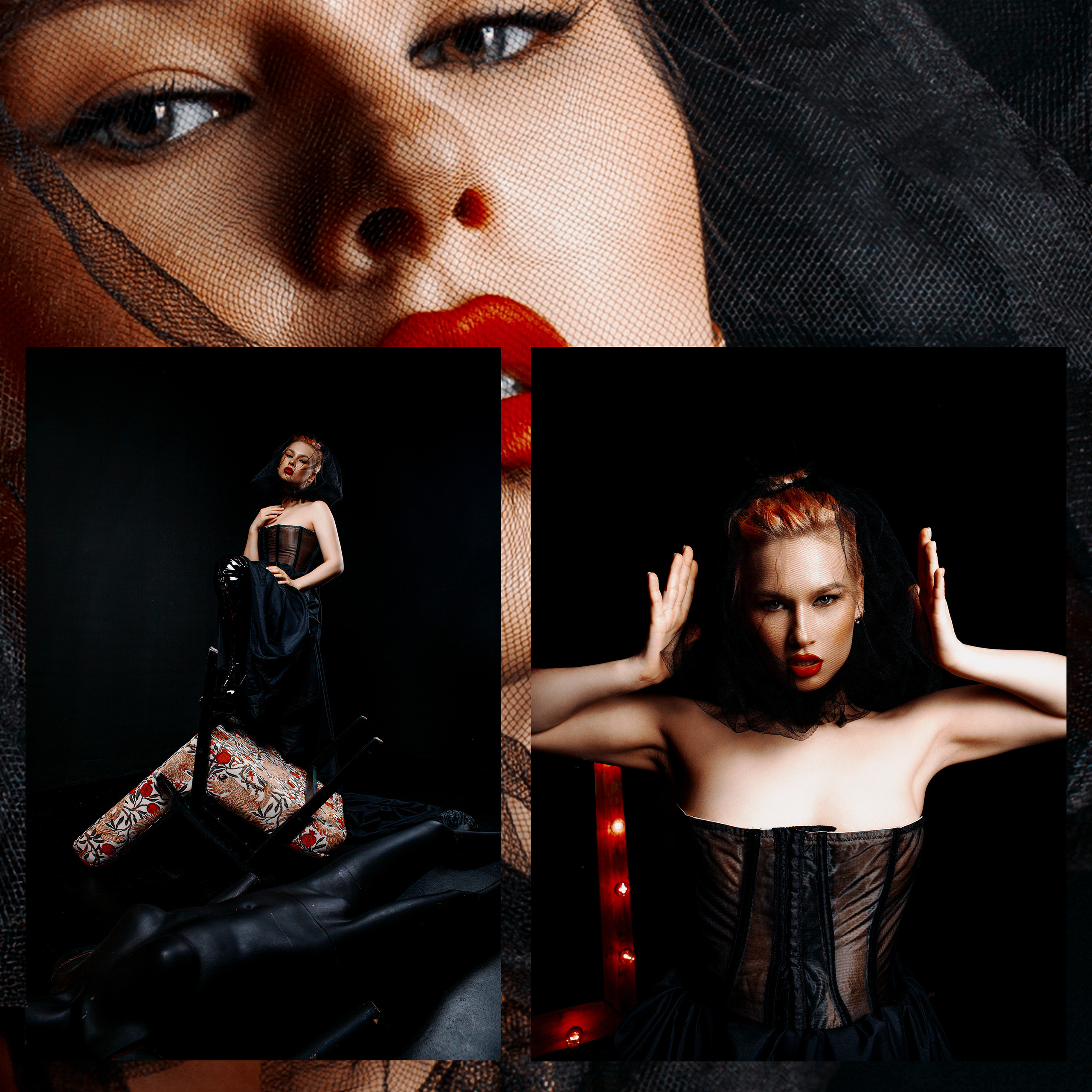 Девушка с красной помадой на губах, в черной пышной юбке, черном корсете и черной вуали рядом с черным манекеном.