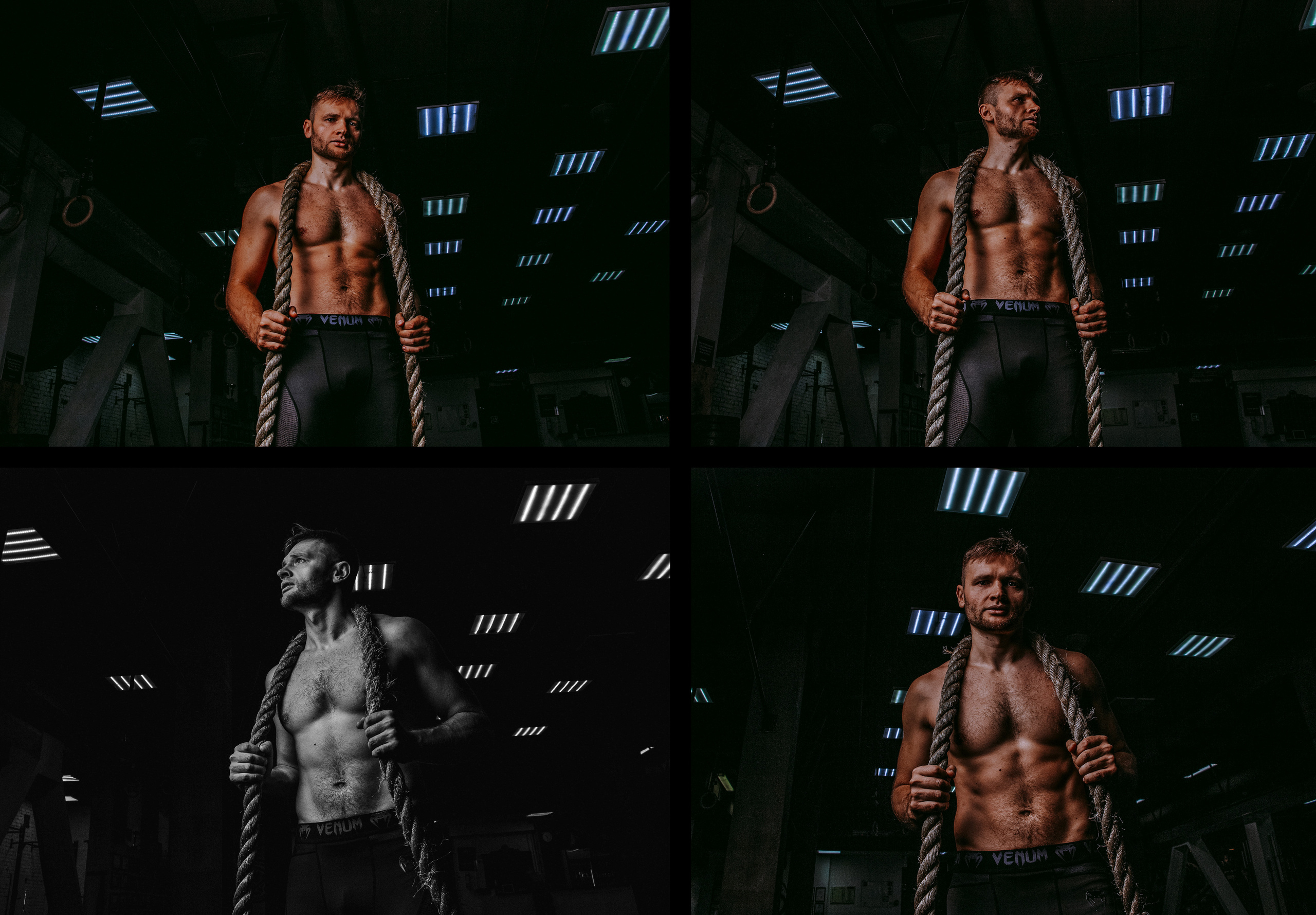 Спортивный накаченный загорелый мужчина со светлыми волосами и кубиками на прессе держит канат в руках.