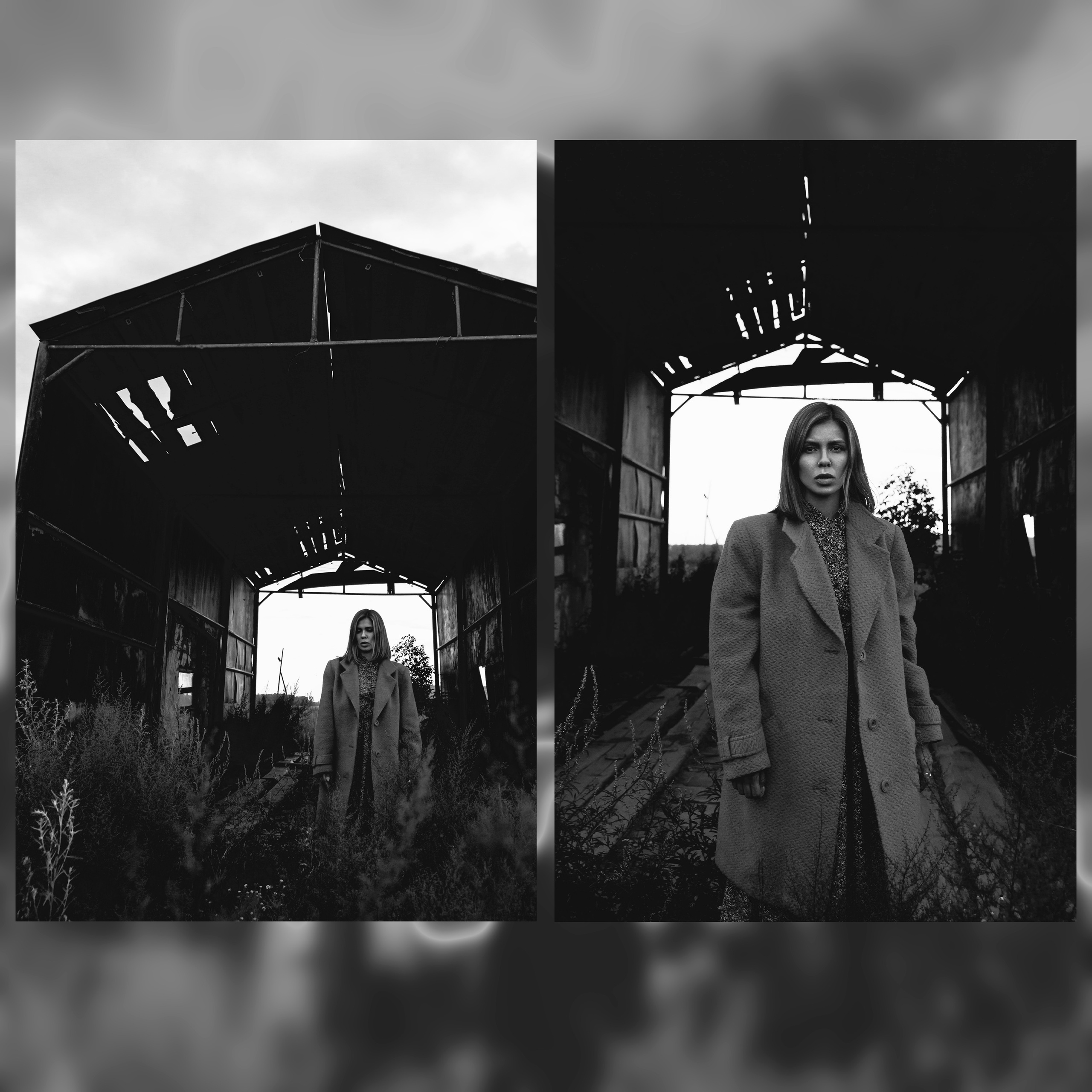 Стильные черно-белые фото девушки в пальто в заброшенном здании осенью.