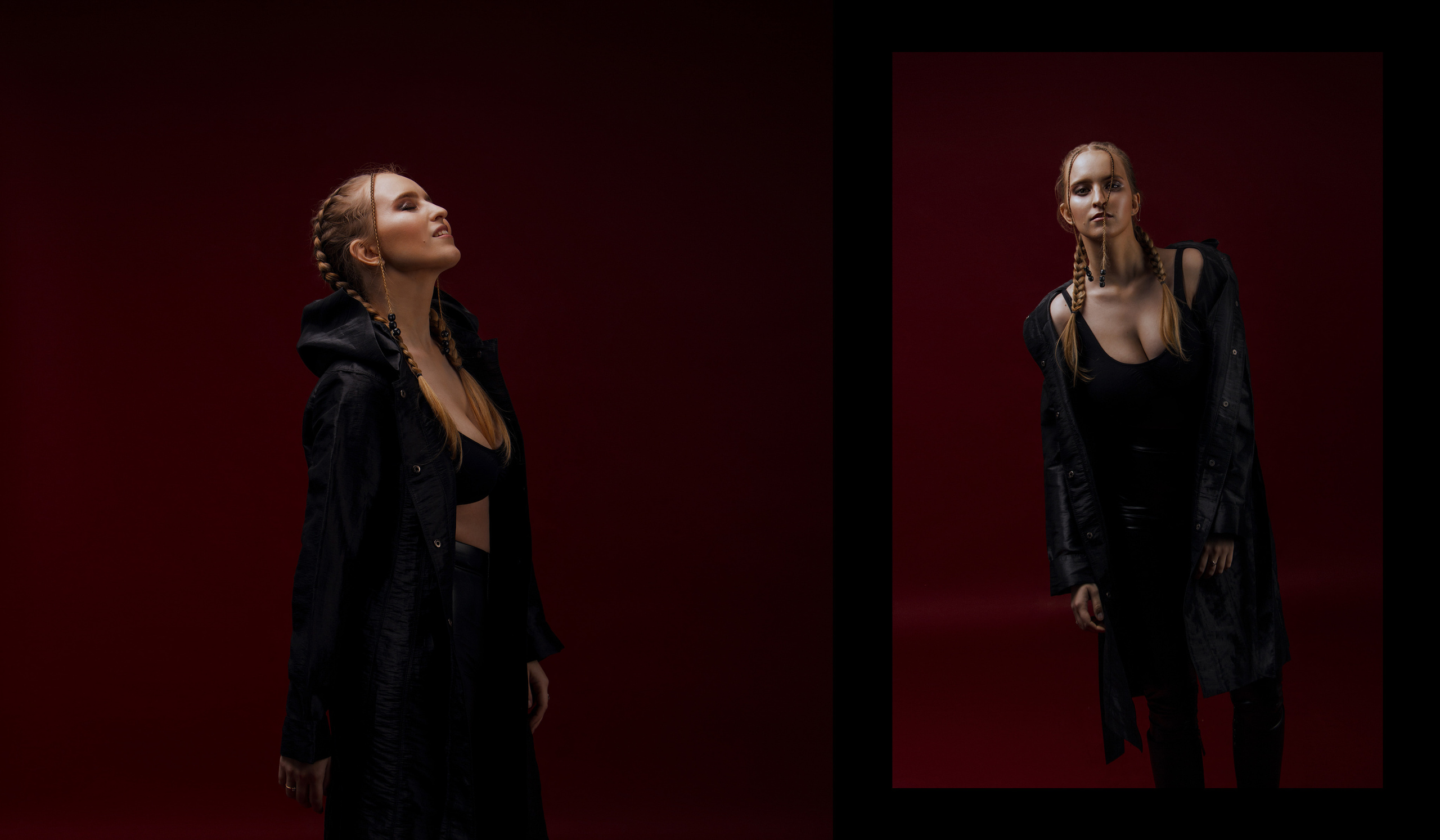 Портрет девушки с мелкими косичками в кожаном плаще на красном фоне в стиле рок.