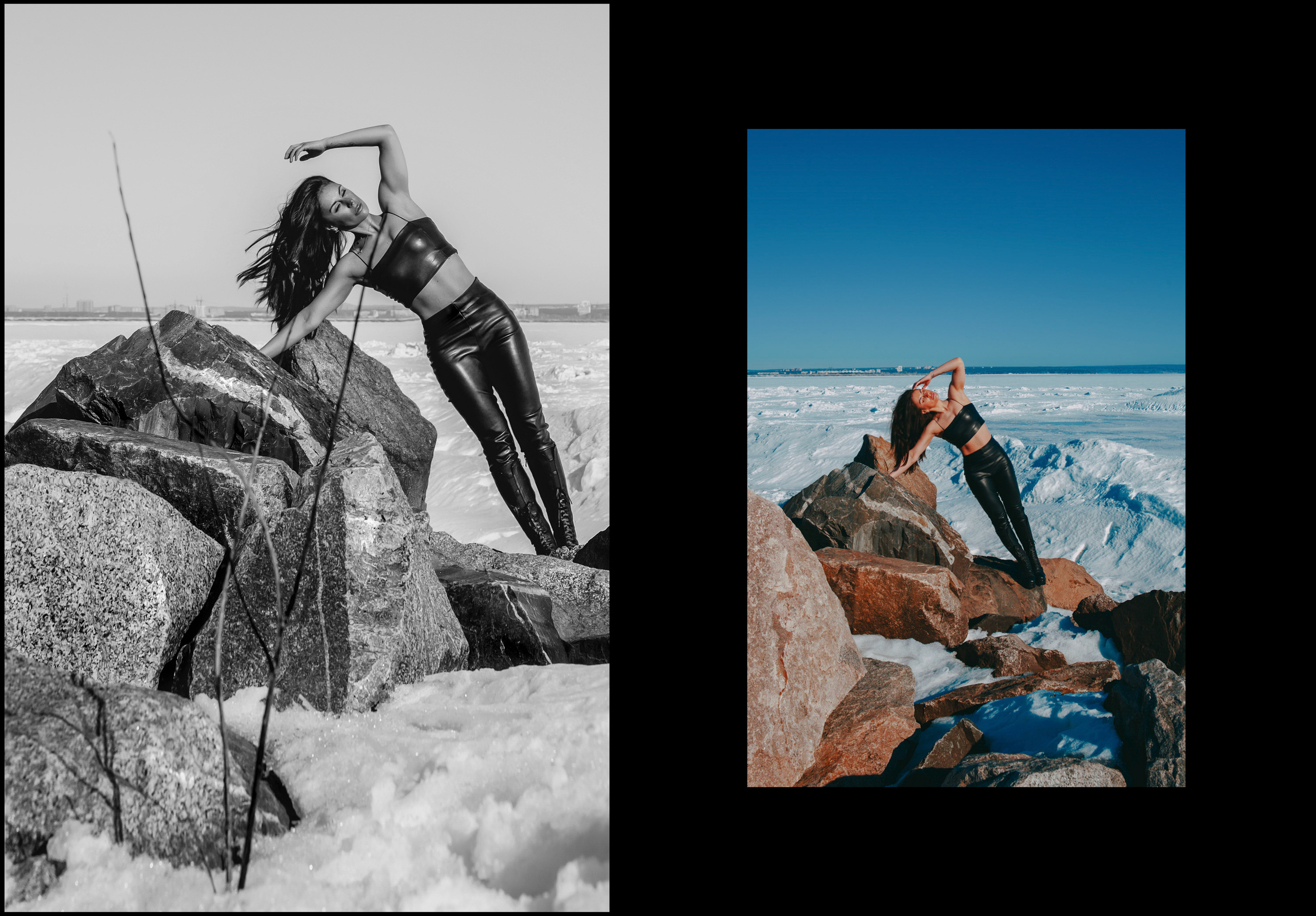 Брюнетка в кожаном топе и кожаных штанах тянется.