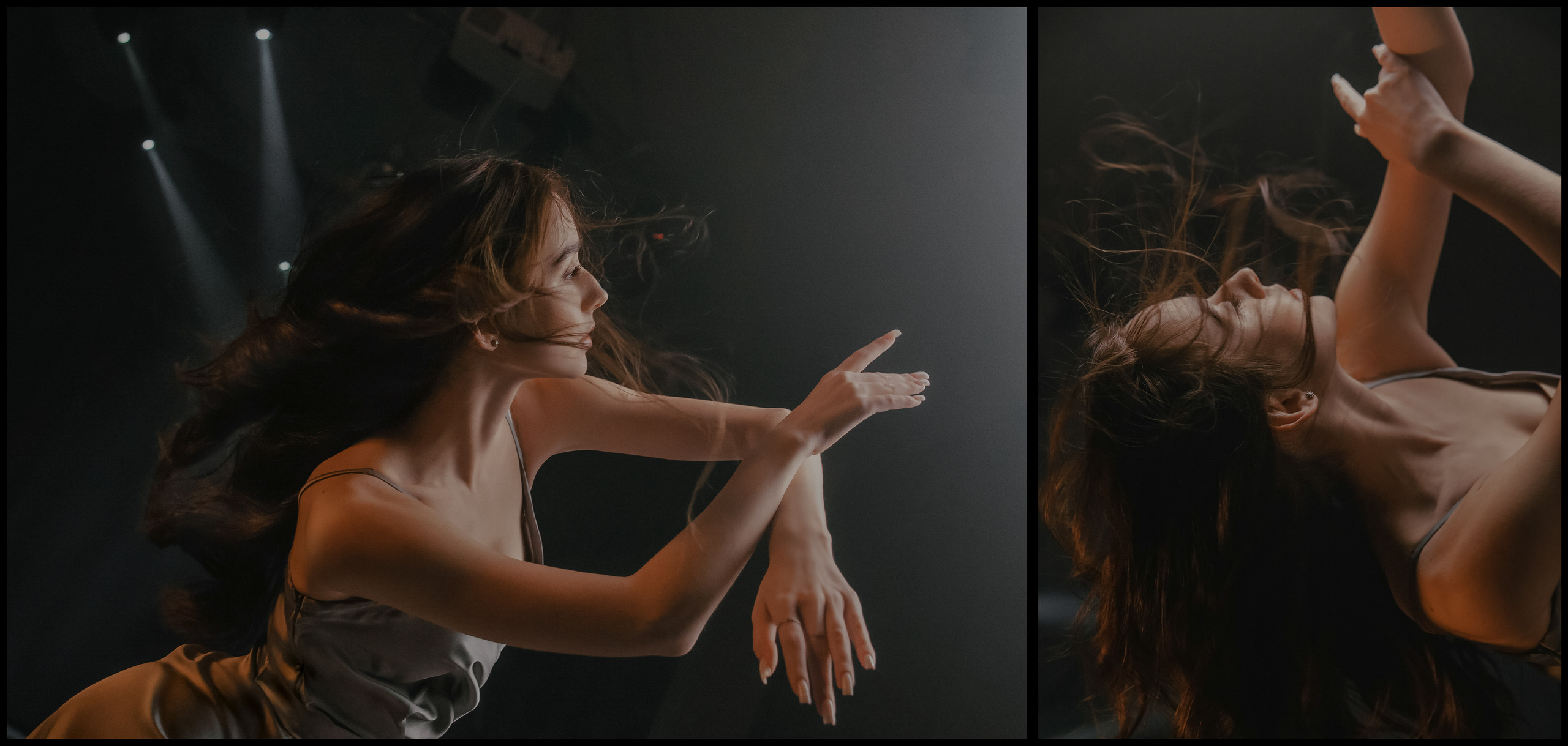 Девушка танцует на сцене в дыму.