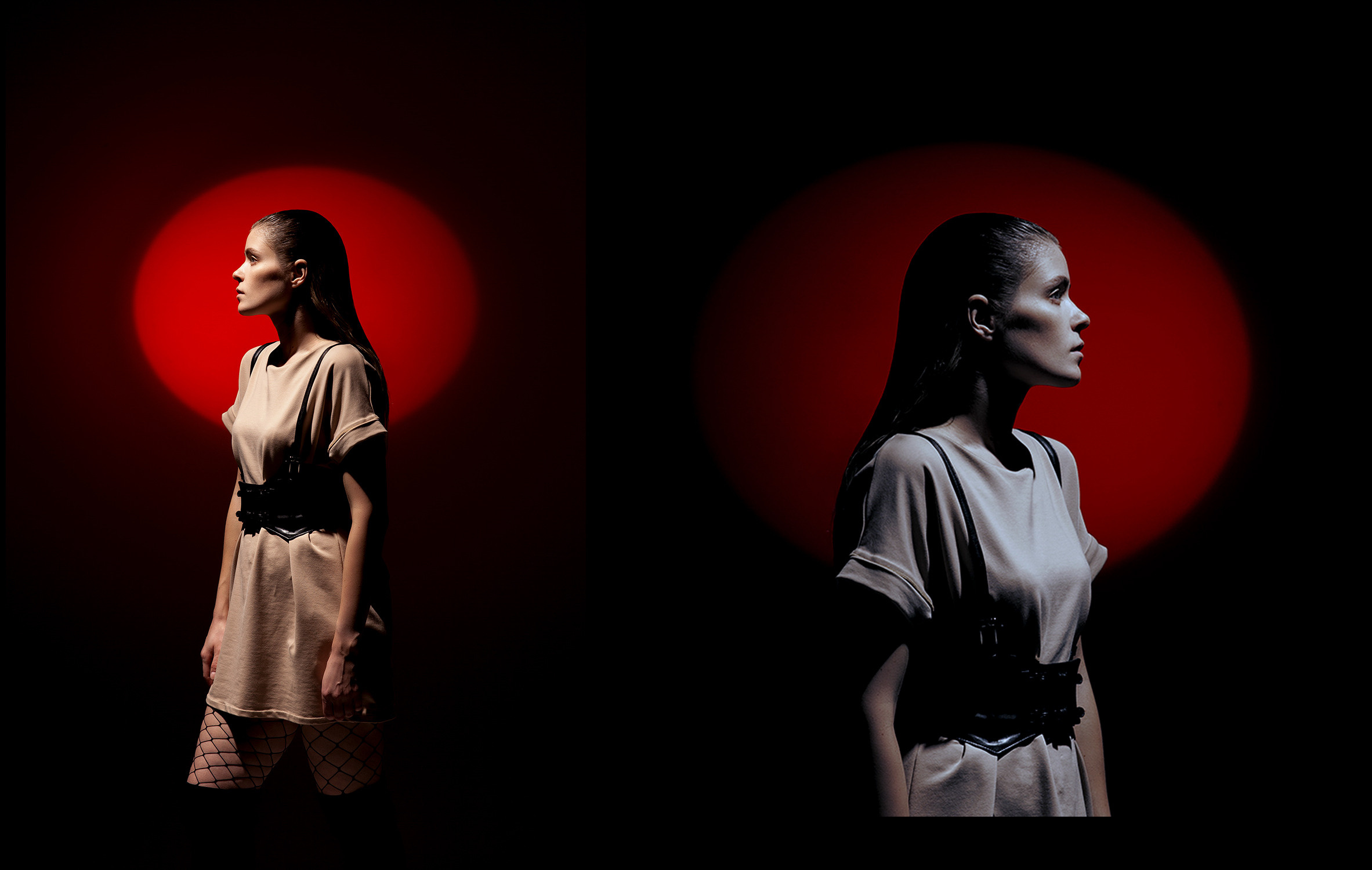 Девушка с гладкой прической на фоне красного круга.