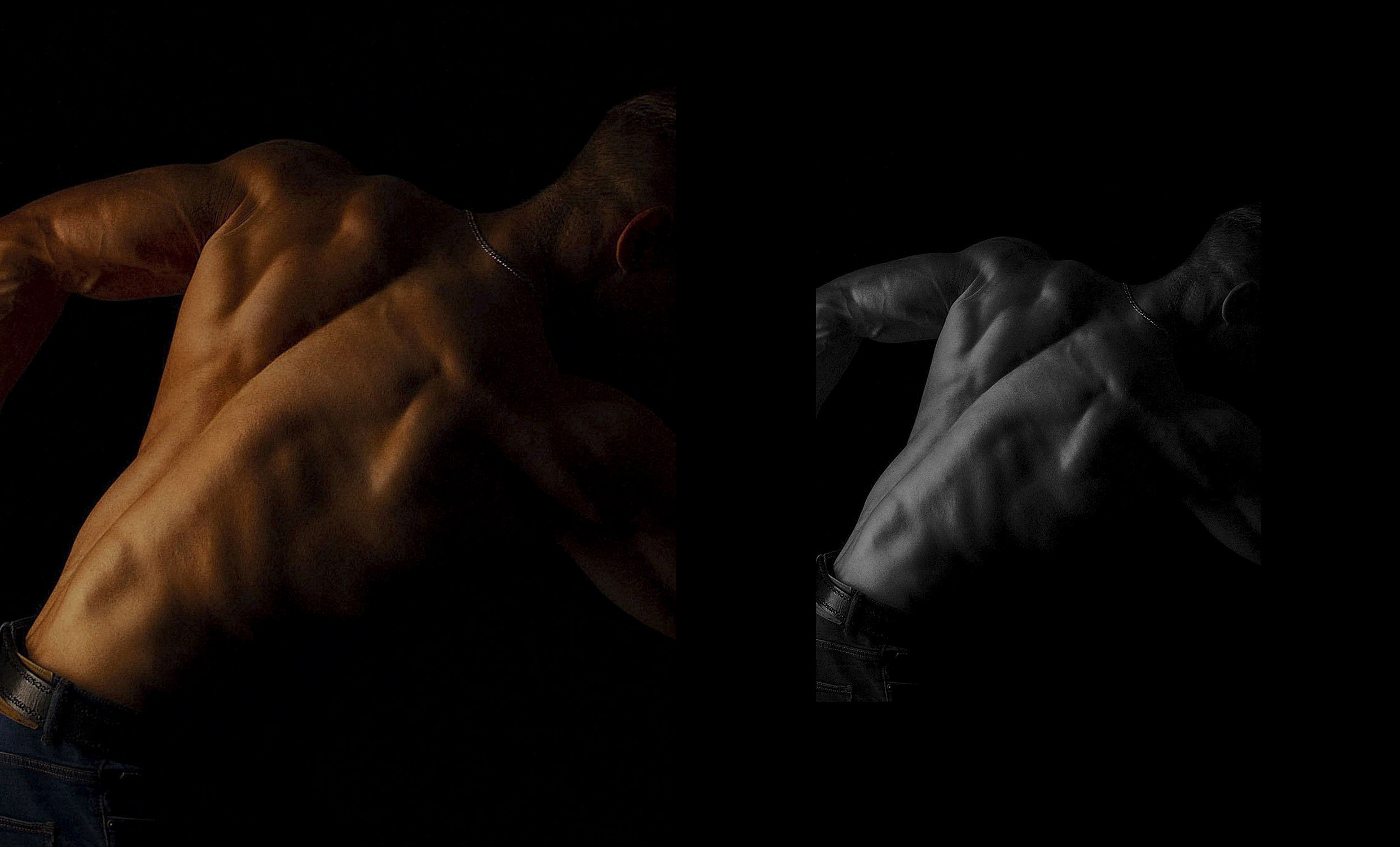 Накачанная загорелая мужская спины, фото мышц.