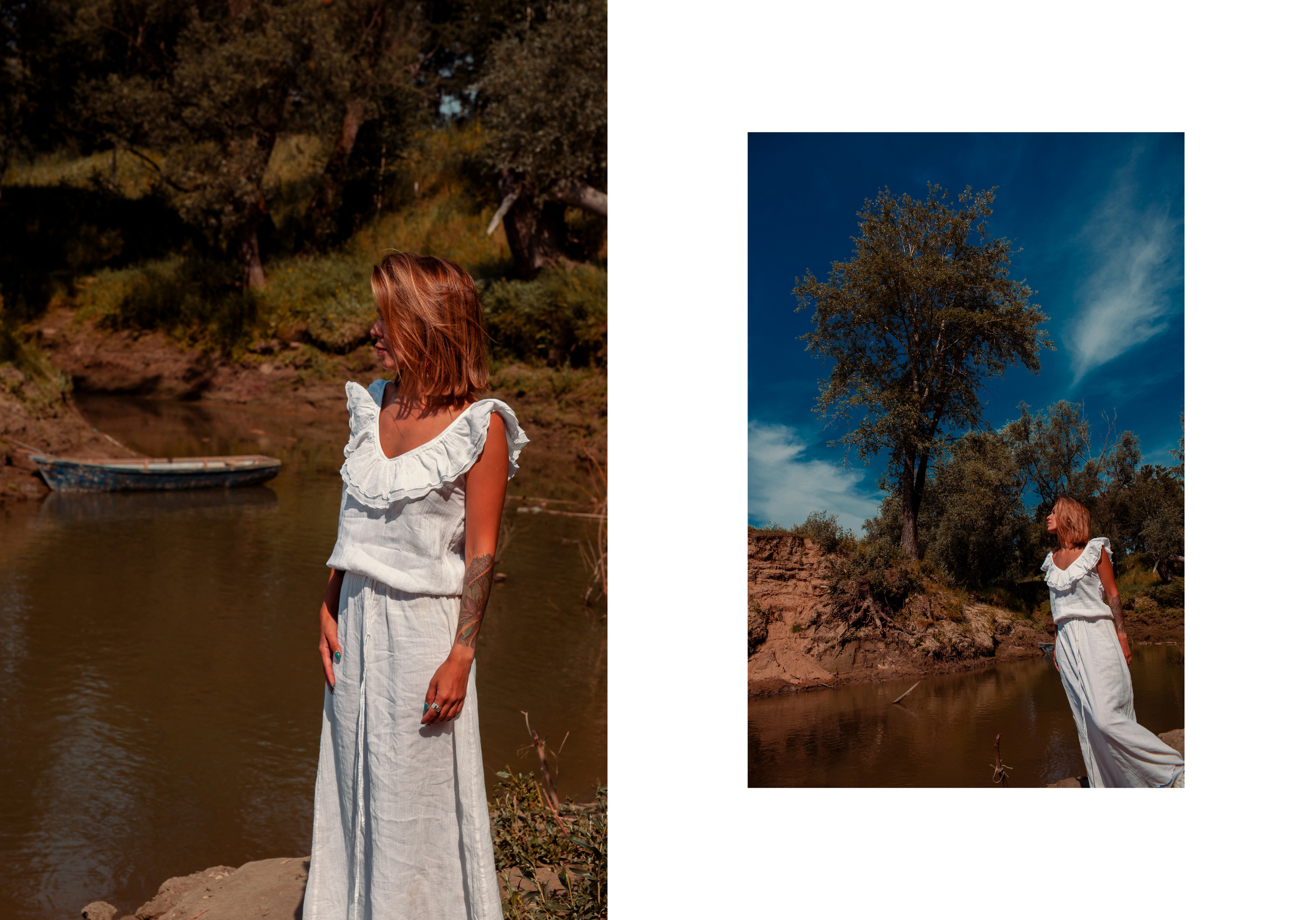 Девушка в белом платье стоит в заливе у реки на фоне лодки.