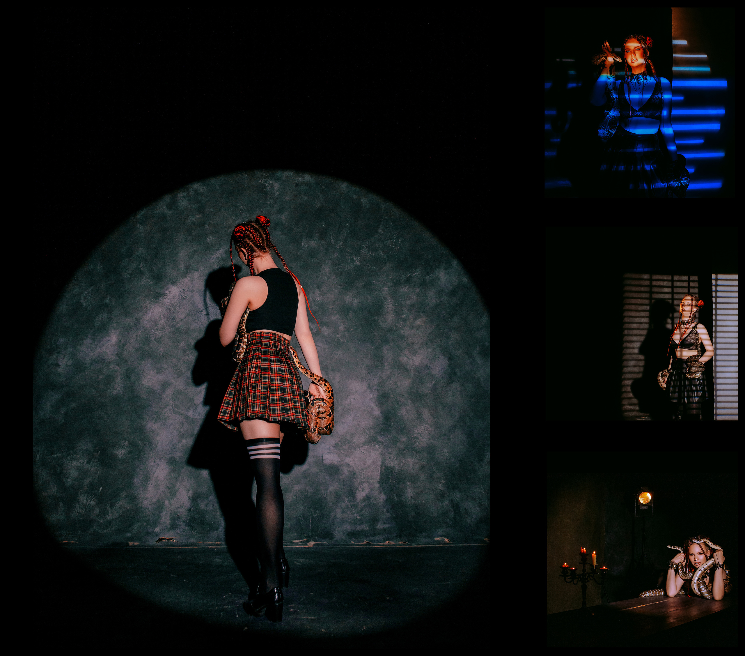 Фото девушки в клетчатой юбке с необычным цветным светом в студии со змеей.