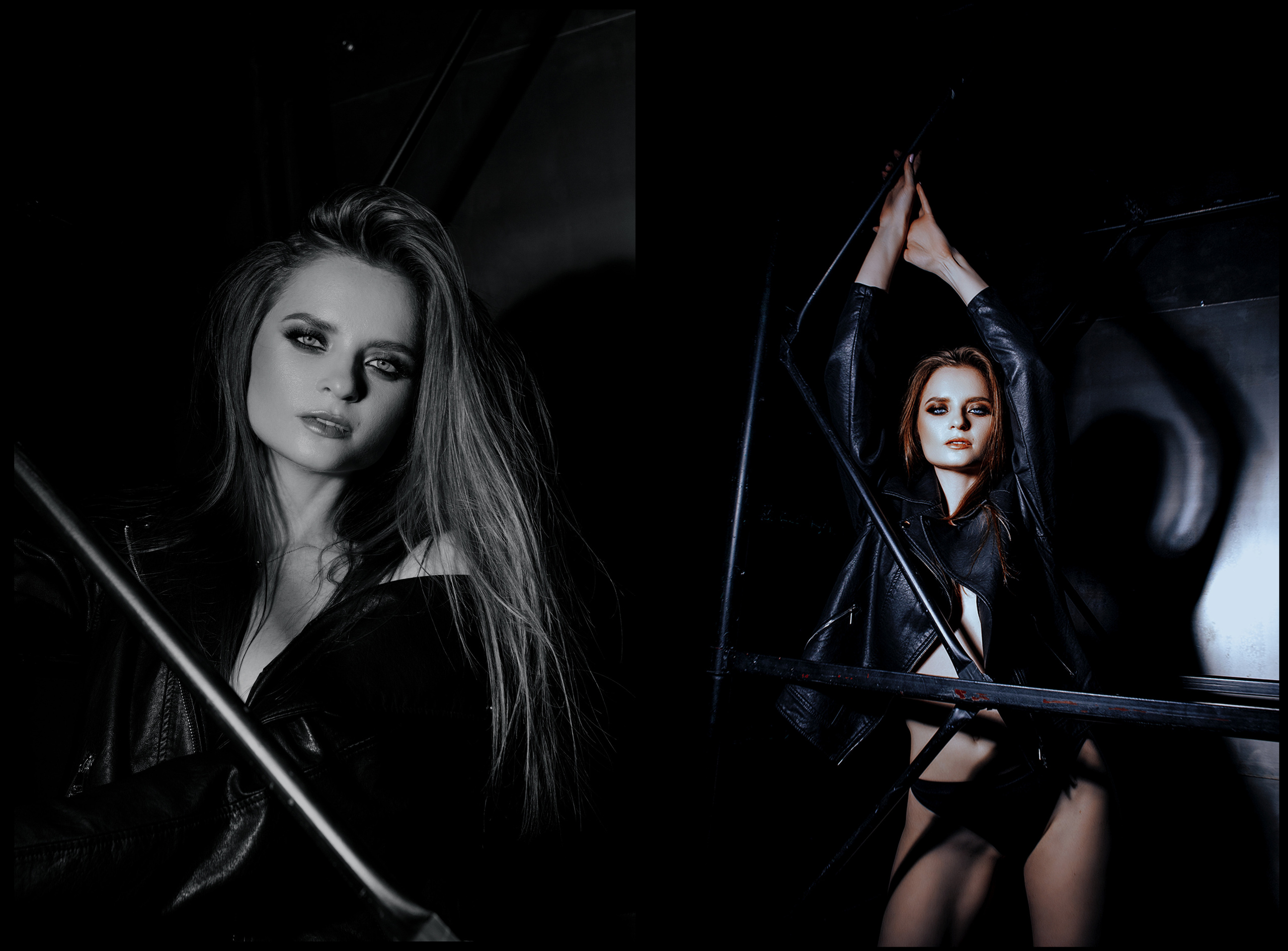 Ночное фото блондинки в кожаной куртке на фоне металлических перил.