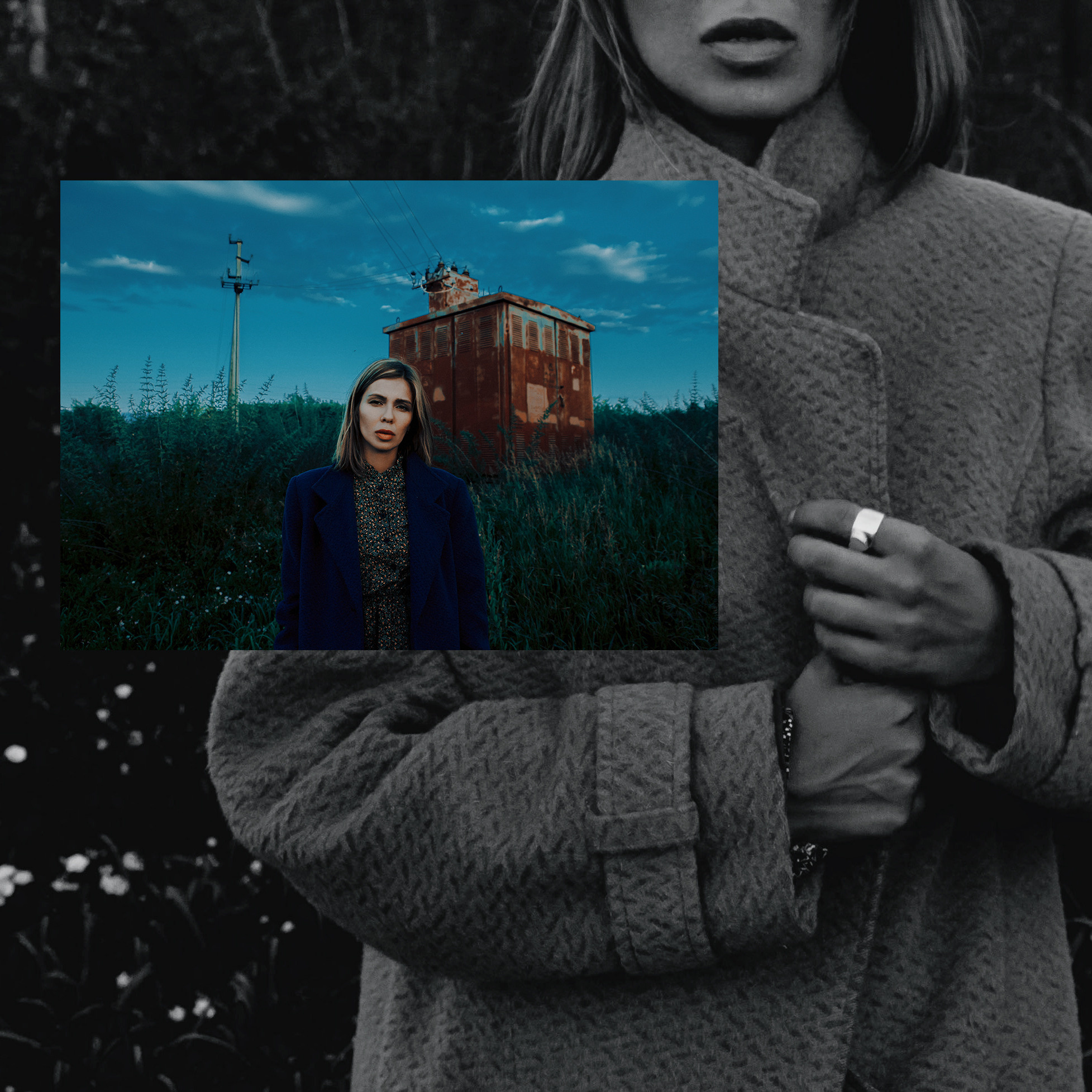 Киношные фото девушки на фоне проводов и трансформаторной будки в пасмурный день.