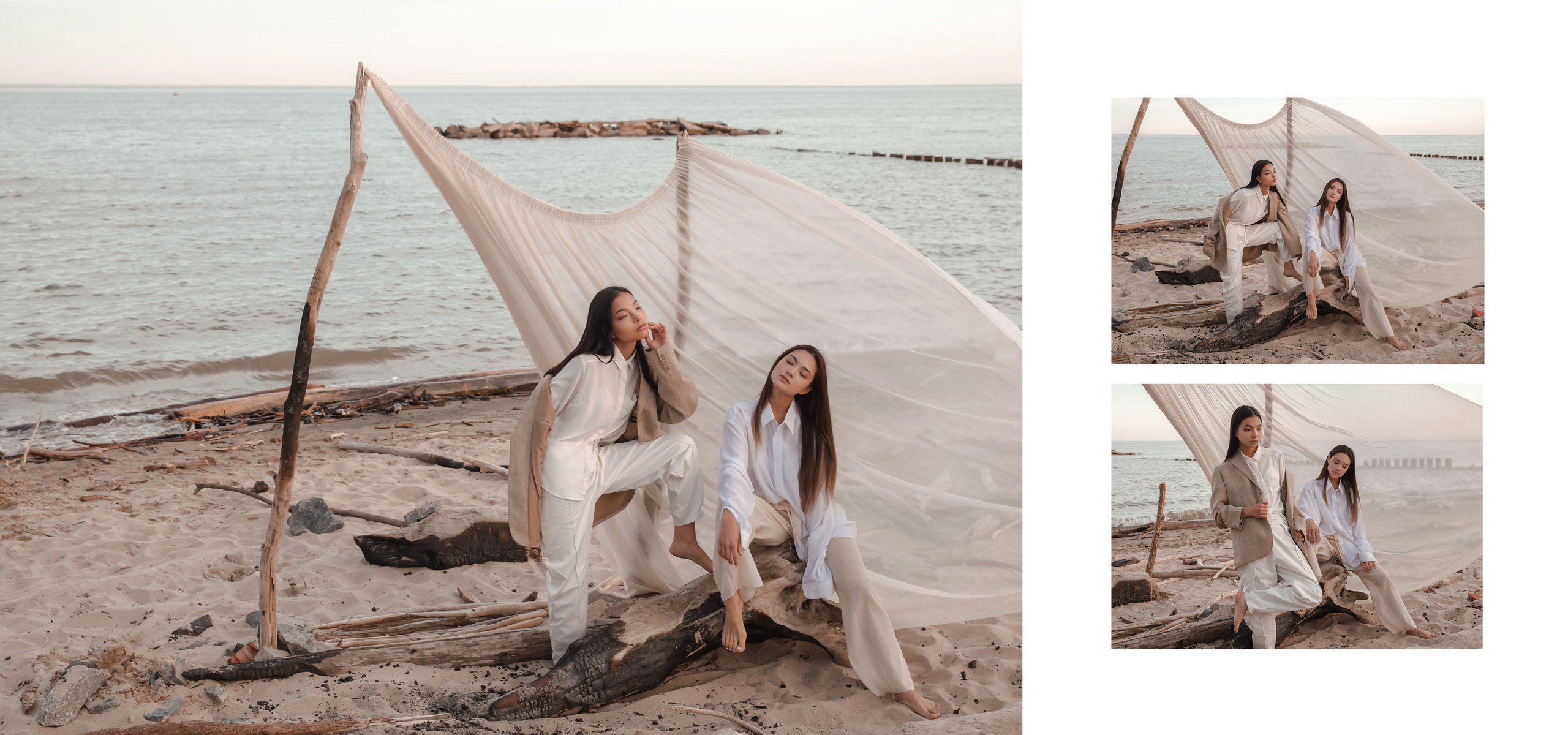 Две азиатские девушки в светлых костюмах у моря на тканевом прозрачном развевающемся на ветру фоне.