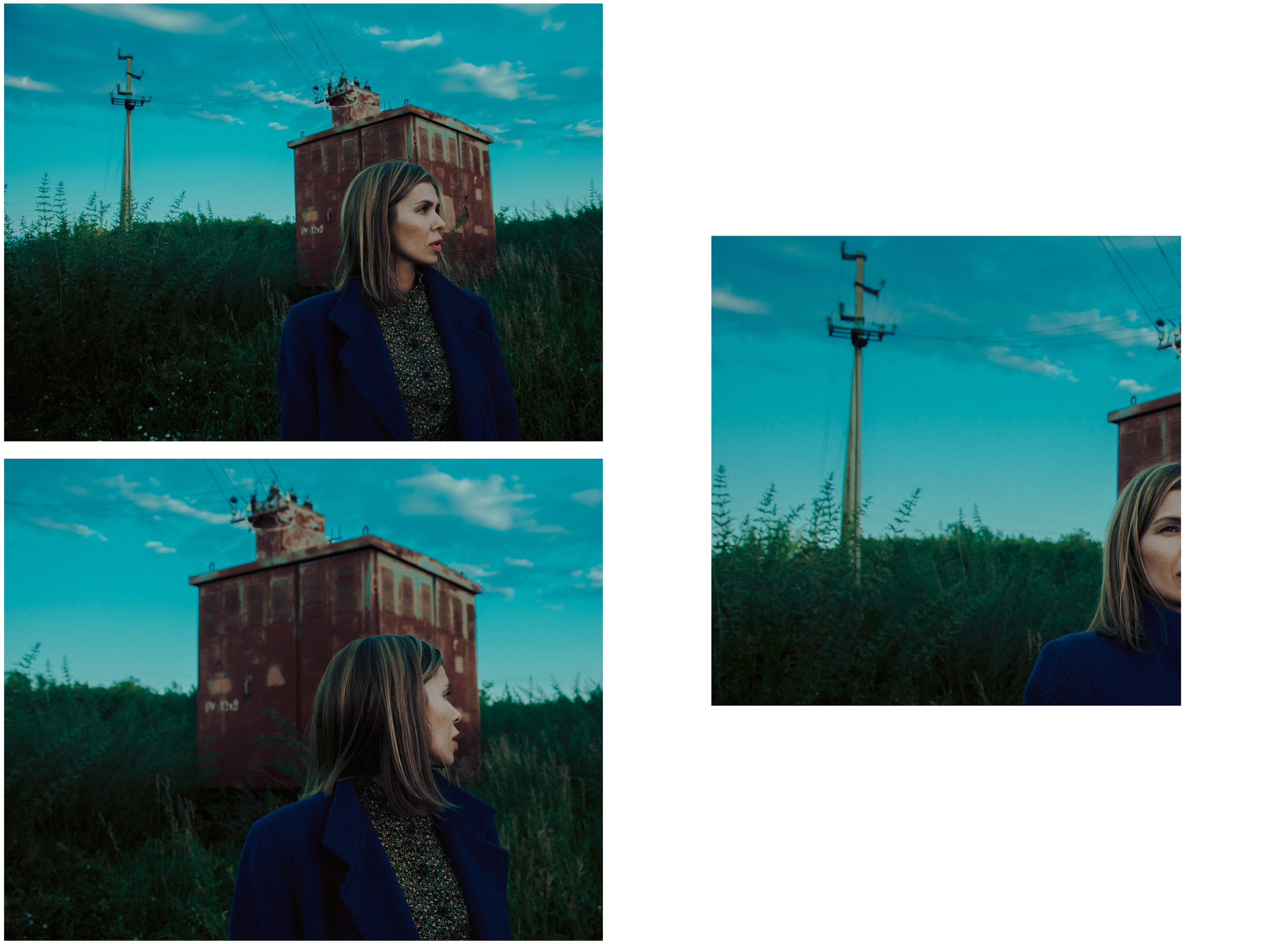Девушка у трансформаторной будки, синее небо.