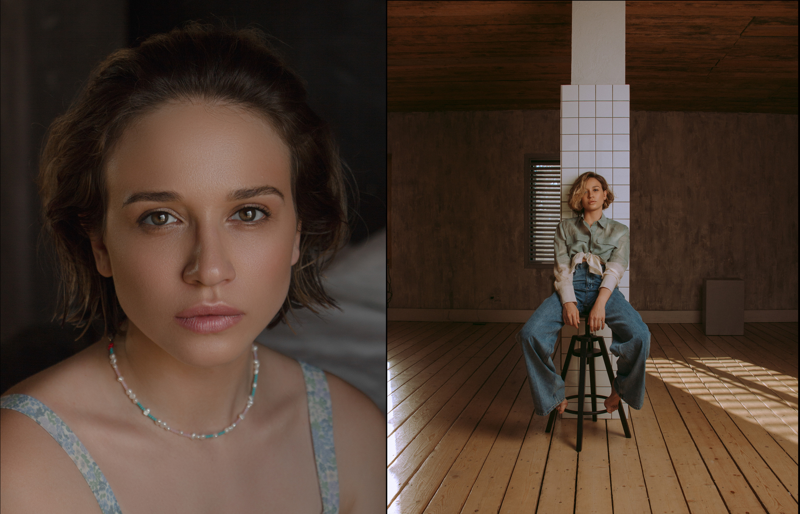 Чистый светлый портрет красивой девушки в голубых джинсах в комнате с деревянным полом, деревянными стенами и кафельной плиткой.