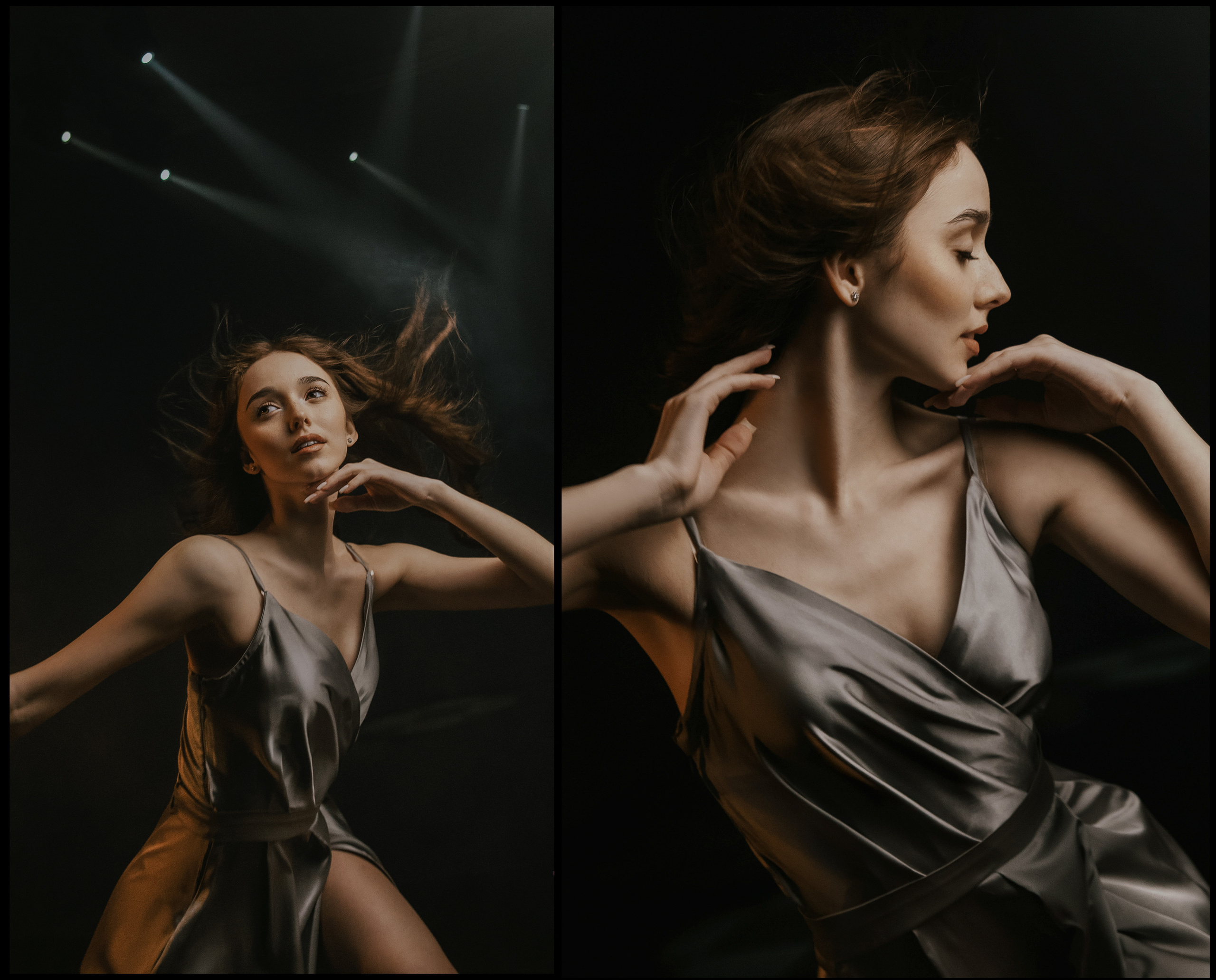 Девушка на сцене под светом софитов с развевающимися волосами в атласном платье.