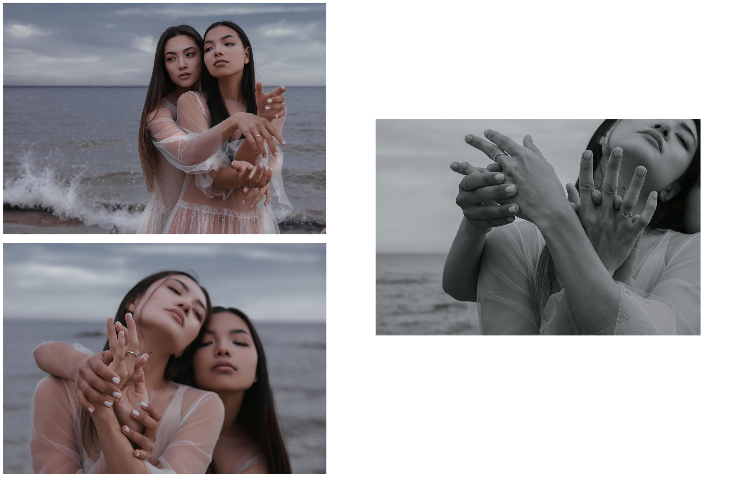 Две азиатки кореянки стоят у воды в белых платьях, волны бьются о берег, сплетенные пальцы.