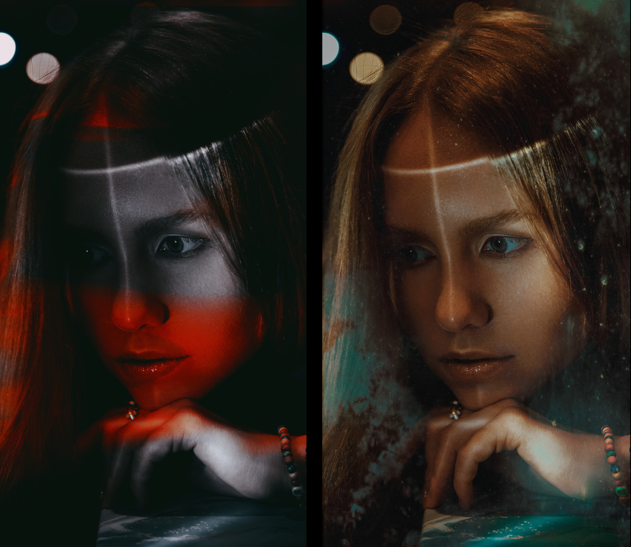 Портрет девушки с голубыми глазами и отражениями.