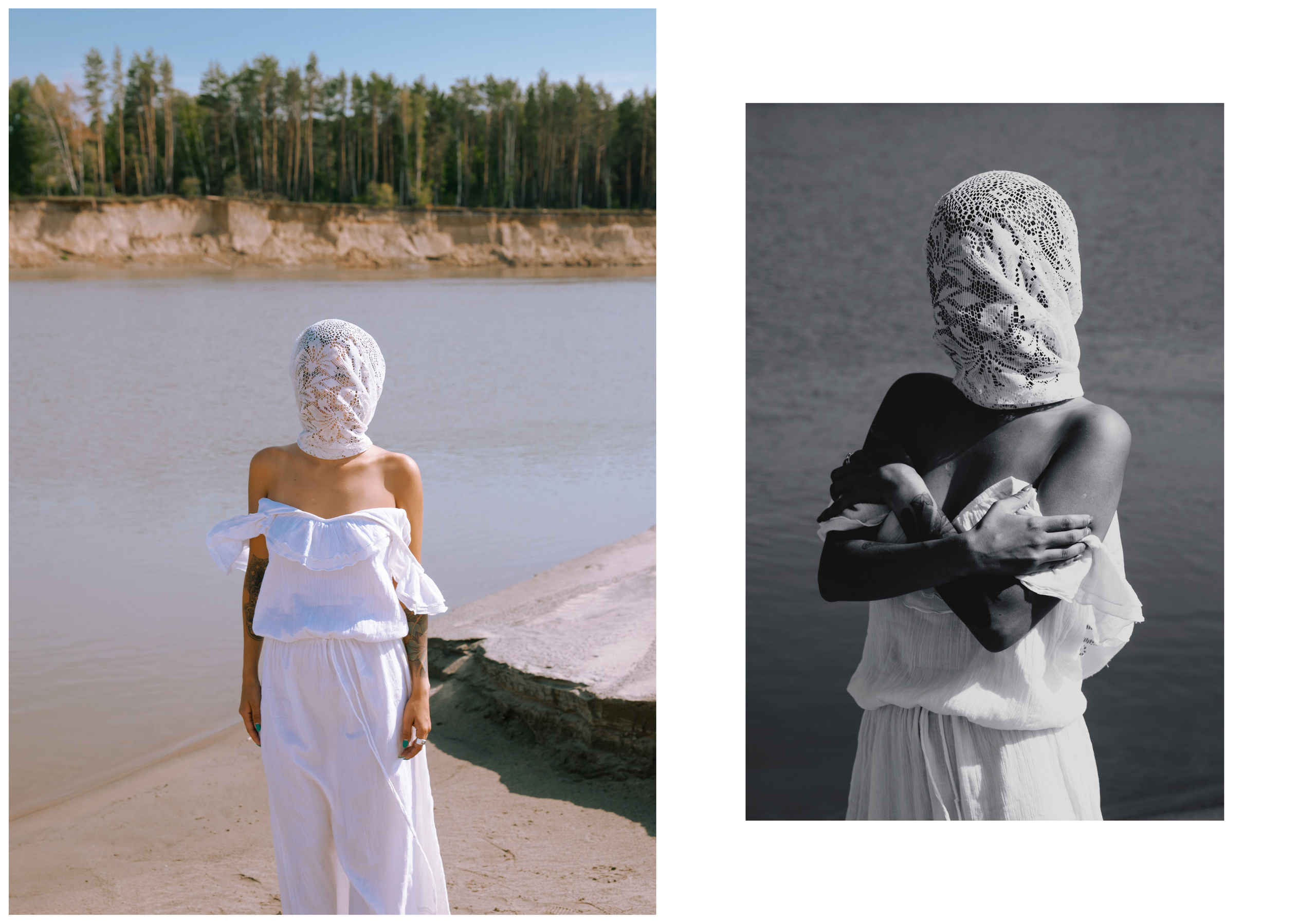 Загорелая девушка в белом платье и укрытой белым кружевом головой стоит у воды, обняв себя за плечи.