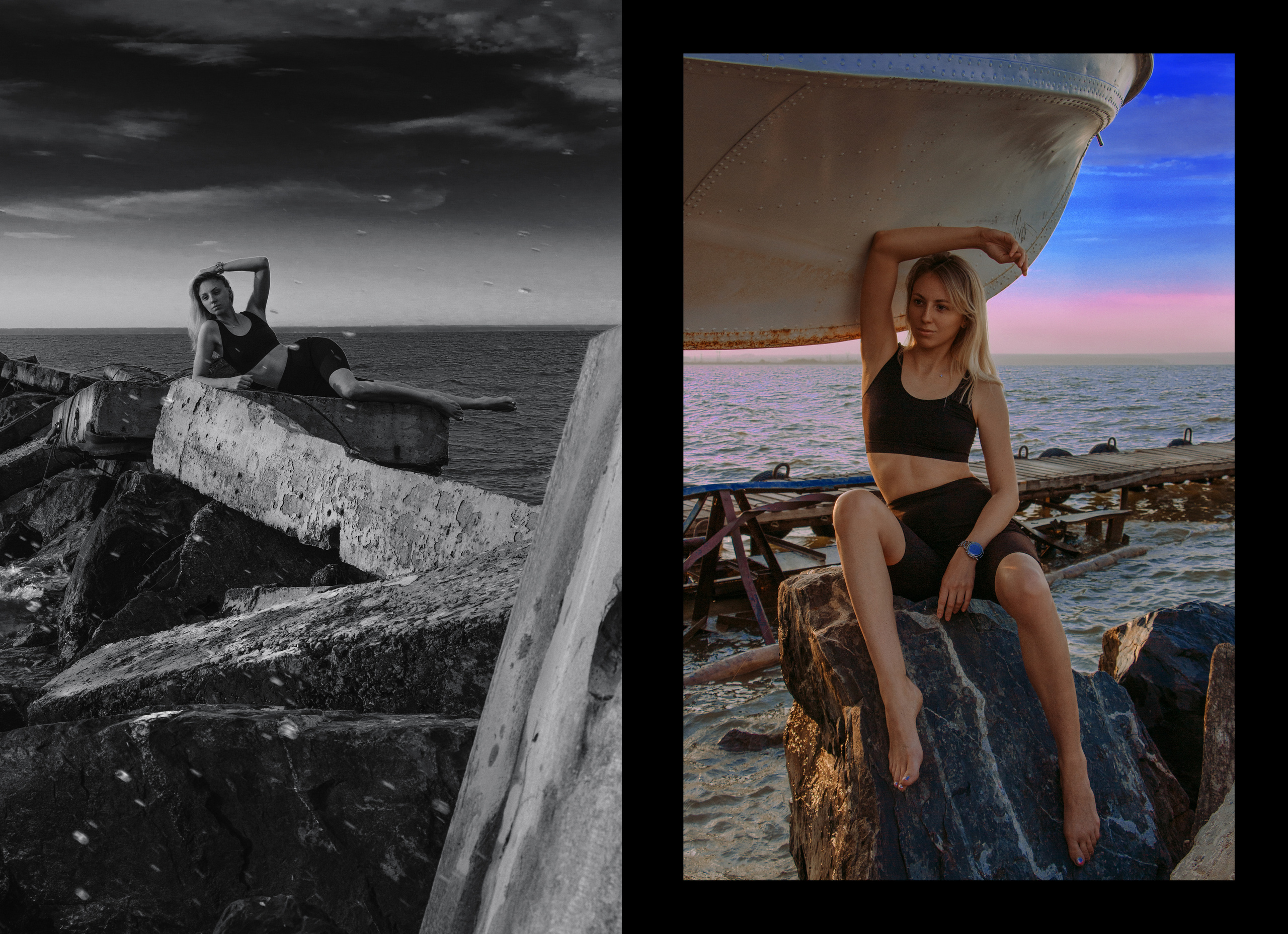 Черно-белое фото девушки в черном топе и велосипедках на бетонных плитах на фоне воды, девушка на рассвете у яхты.