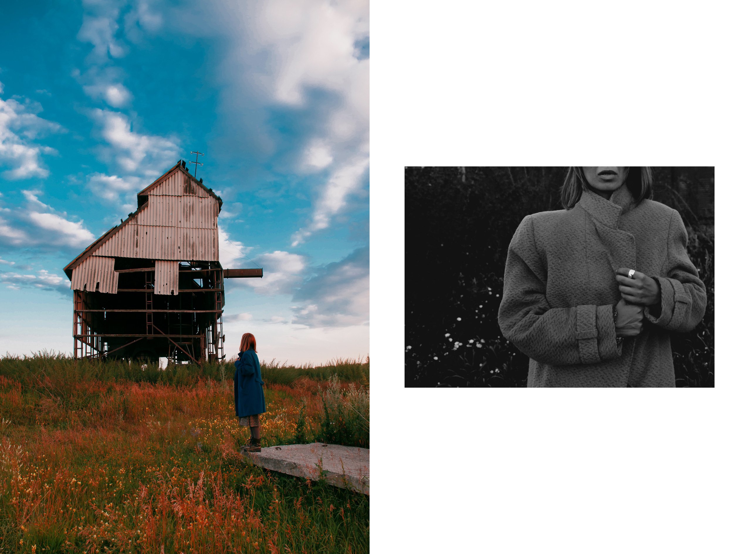 Девушка в синем пальто в заброшенном здании осенью.