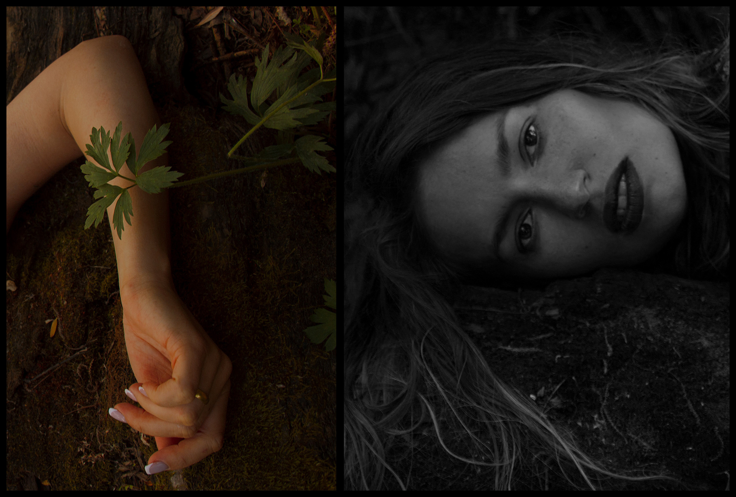 Черно-белый портрет девушки в лесу, рука с клевером.