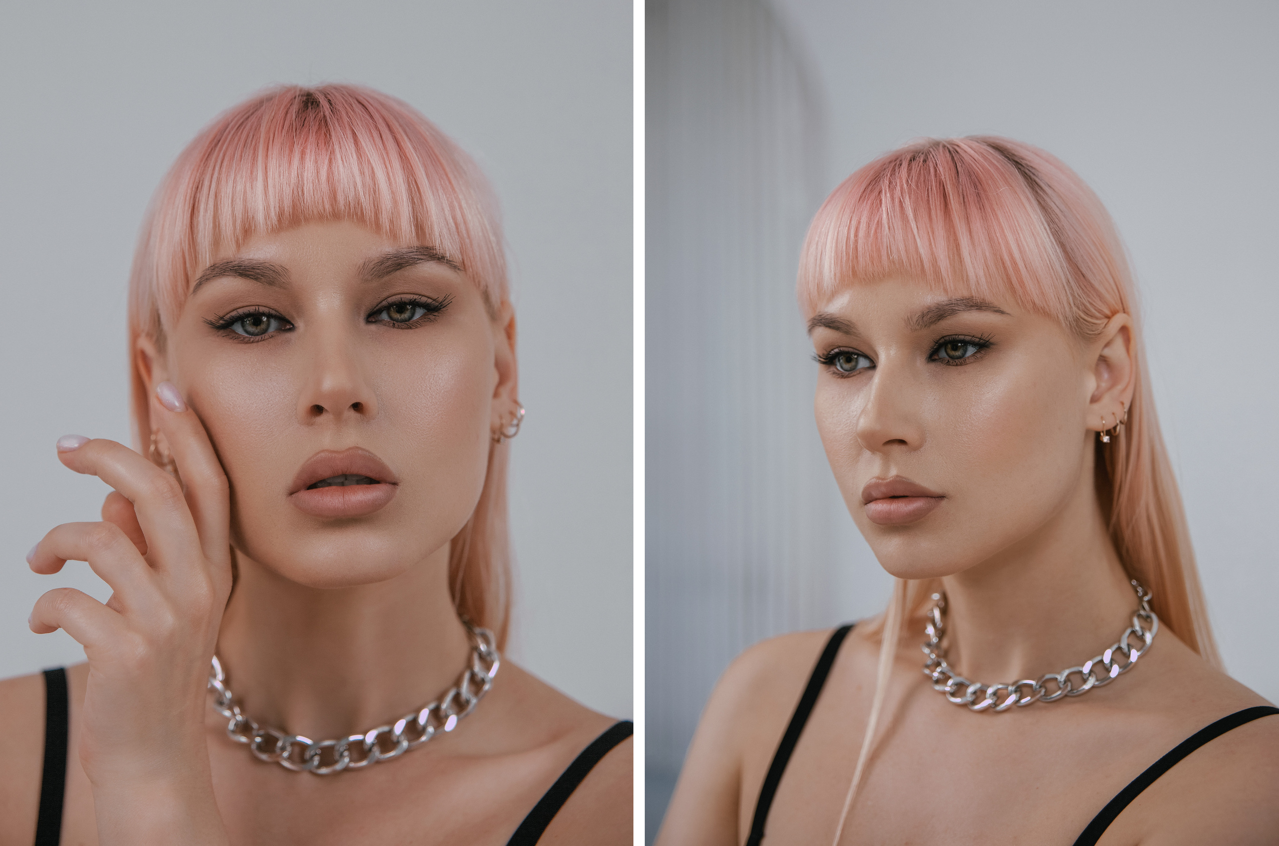 Девушка робот в стиле нейросетей с розовыми волосами в циклораме.