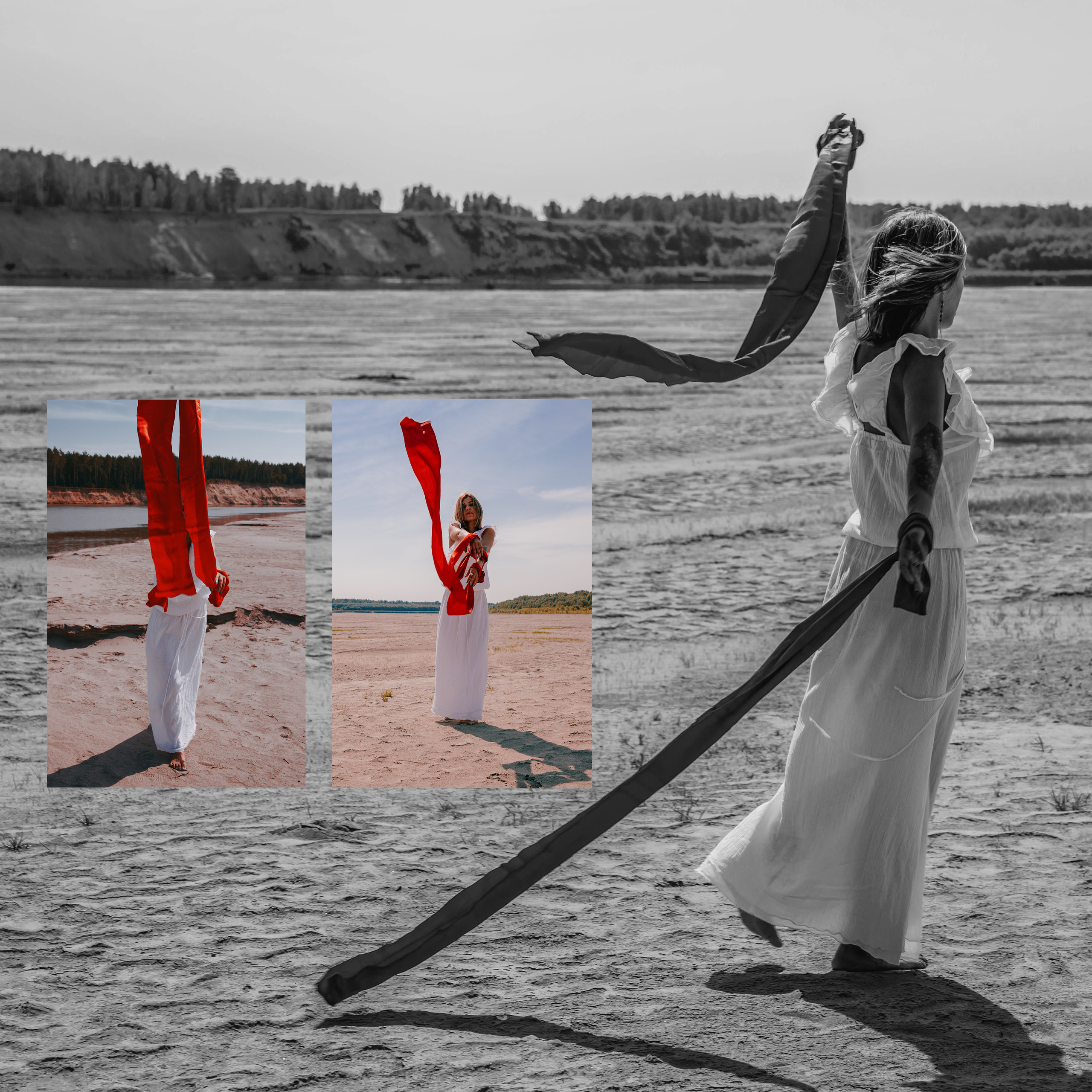 Девушка в белом платье машет красными лентами.