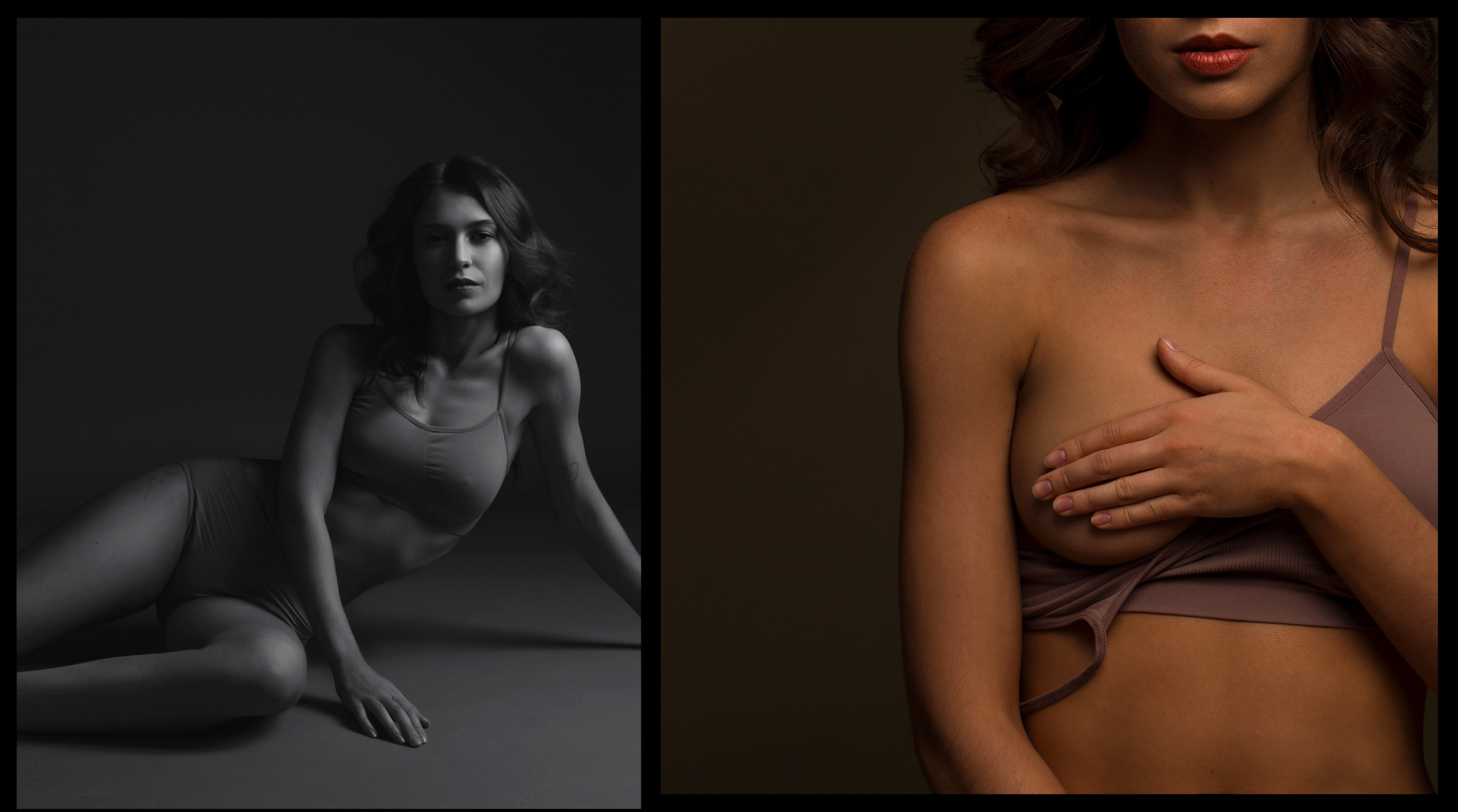 Студийная ню-фотосессия девушки в спортивном белье с одной обнаженной грудью. 