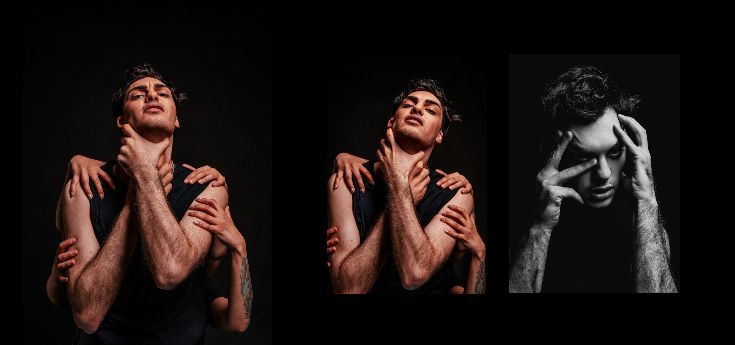 Красивый черноволосый мужчина держит себя руками за горло, его обнимают женские руки.