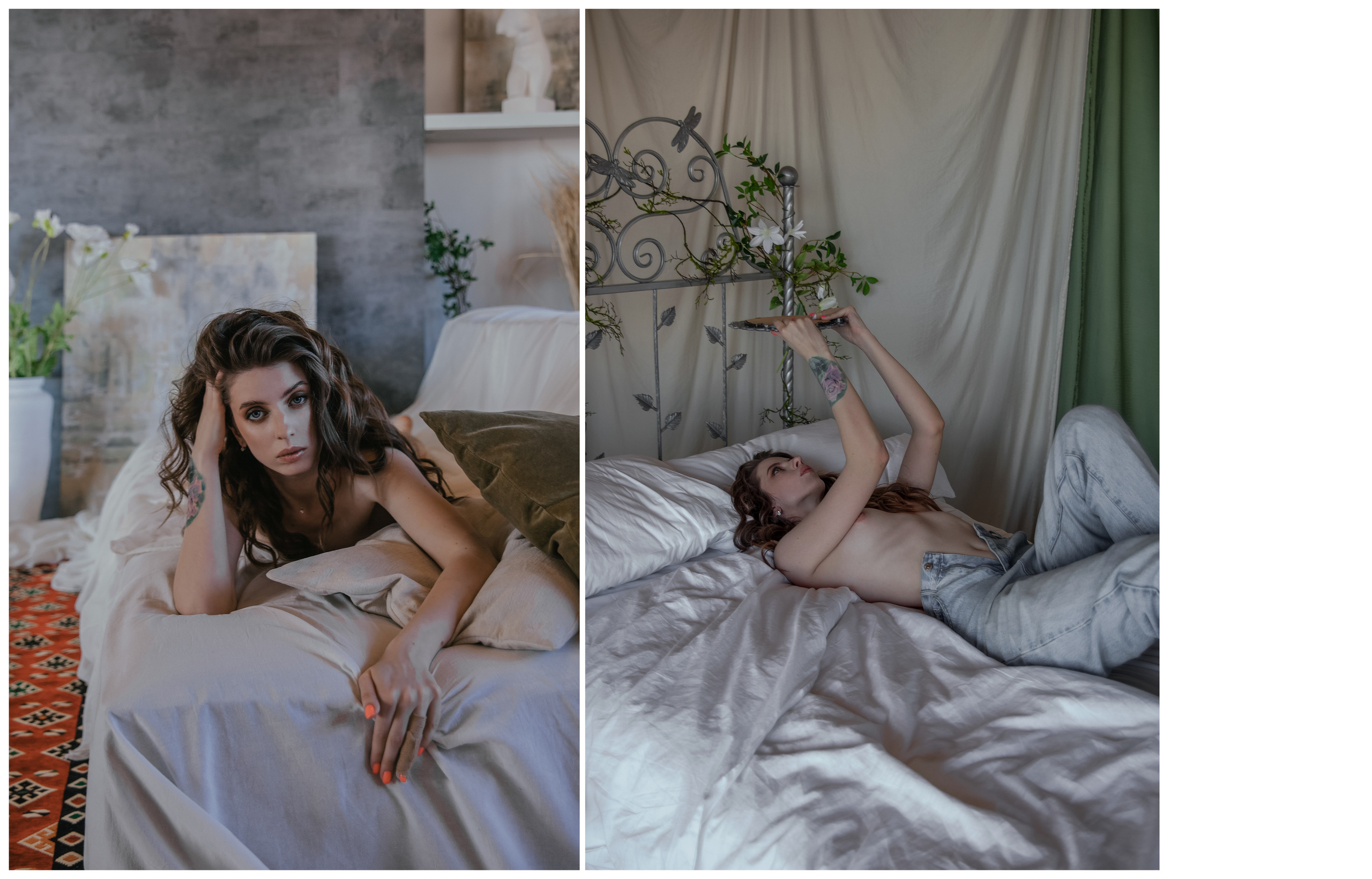 Девушка топлесс в голубых джинсах лежит на белой постели и смотрит в круглое зеркало.