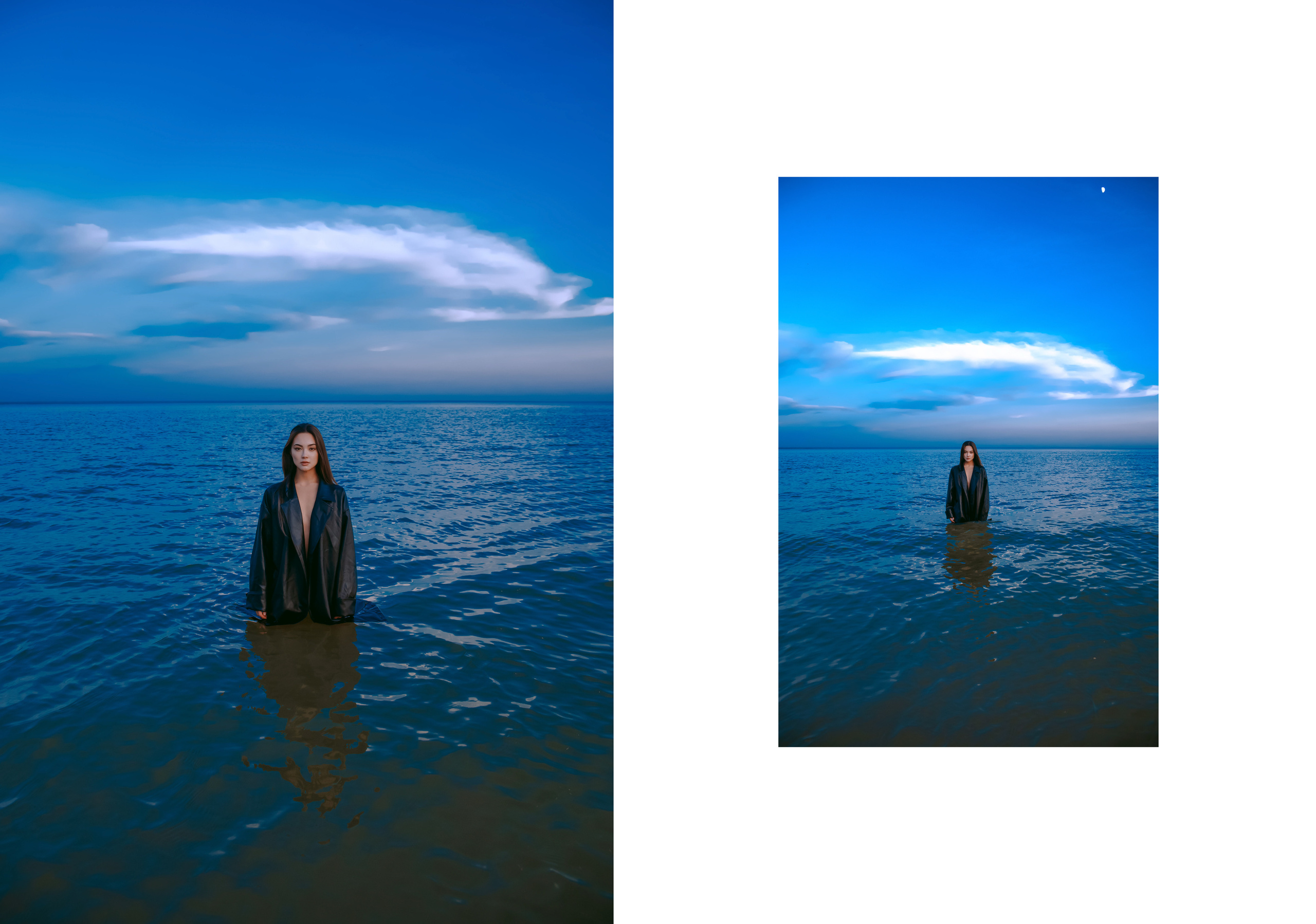 Девушка с темными волосами в черном кожаном плаще стоит в воде.