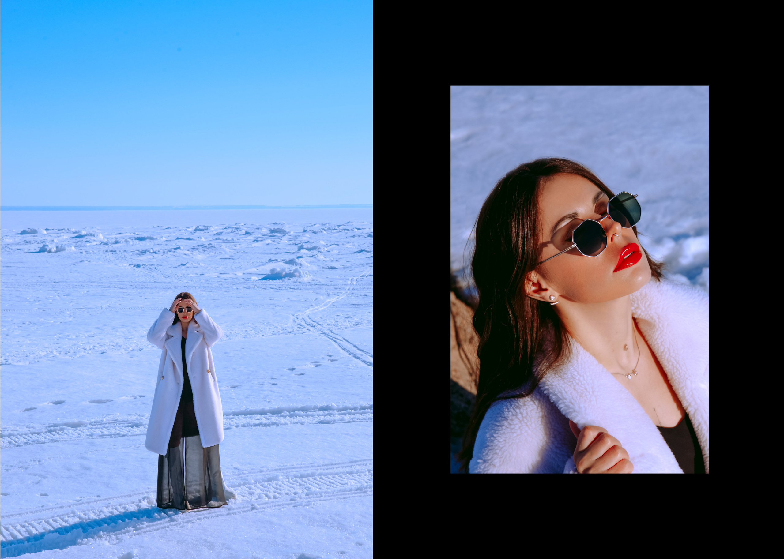 Девушка с темными волосами в белой шубе и с красной помадой на фоне снега в солнечный день.