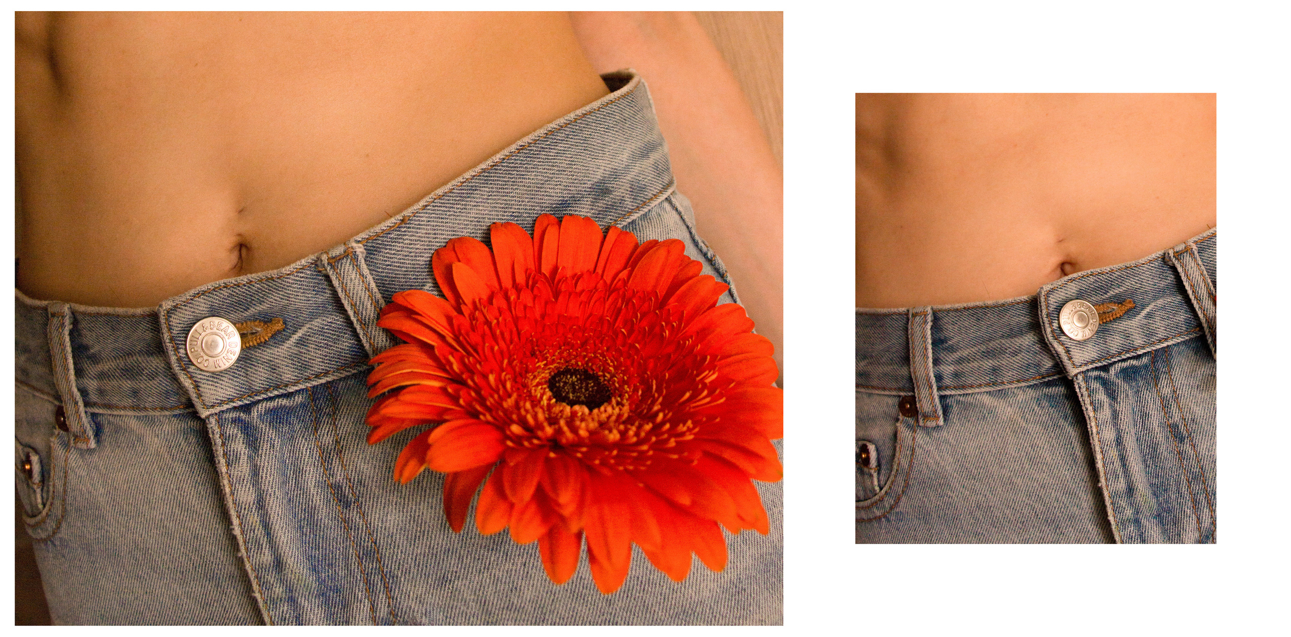 Женский спортивный загорелый живот в голубых джинсах с красным цветком в кармане.