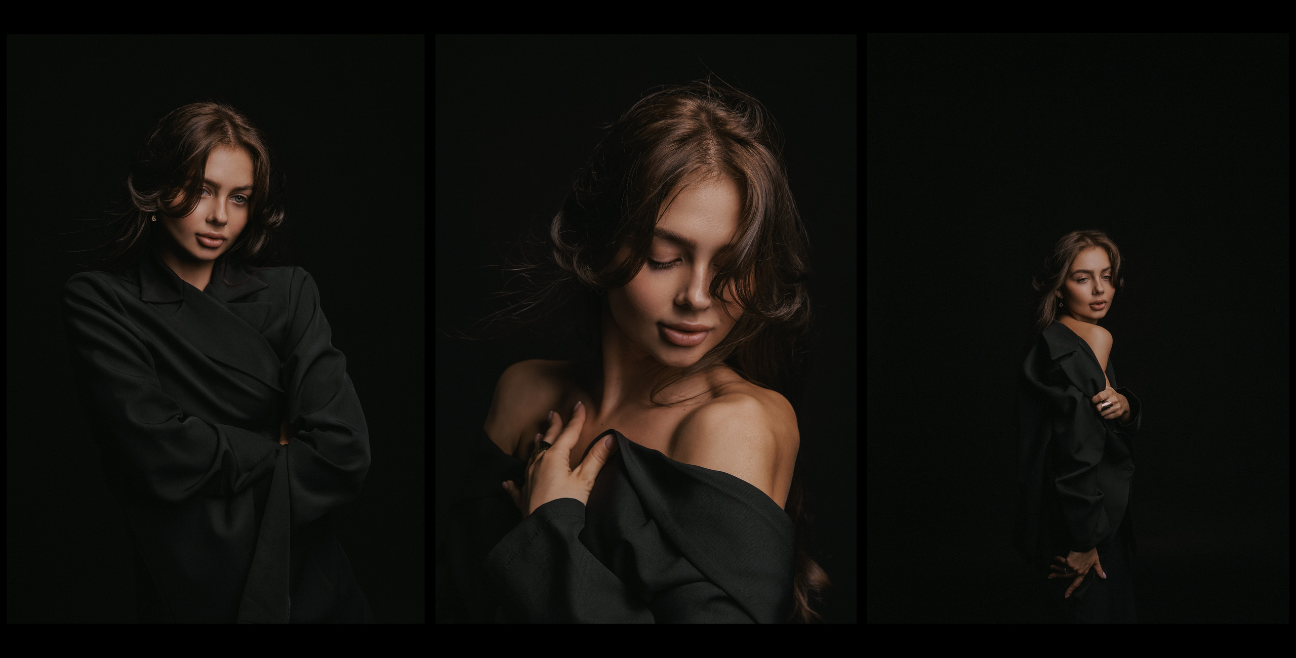 Женская фотосессия в студии для девушки с локонами, в черном пиджаке и обнаженными плечами на черном фоне.