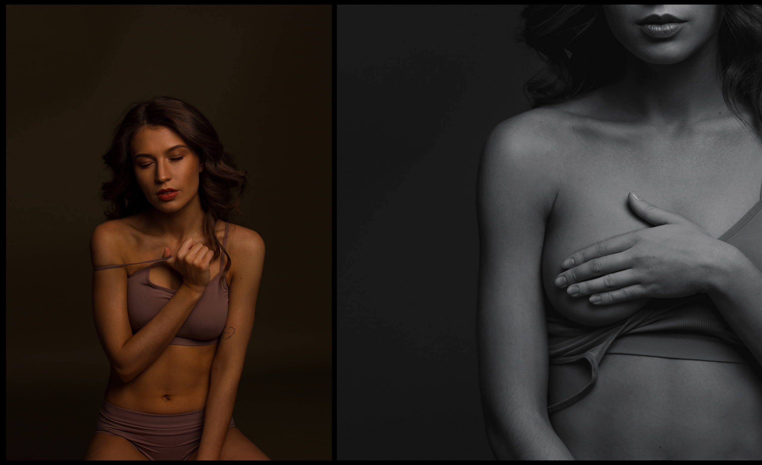 Тёплые студийные будуарные фото девушки в белье на зеленом фоне.