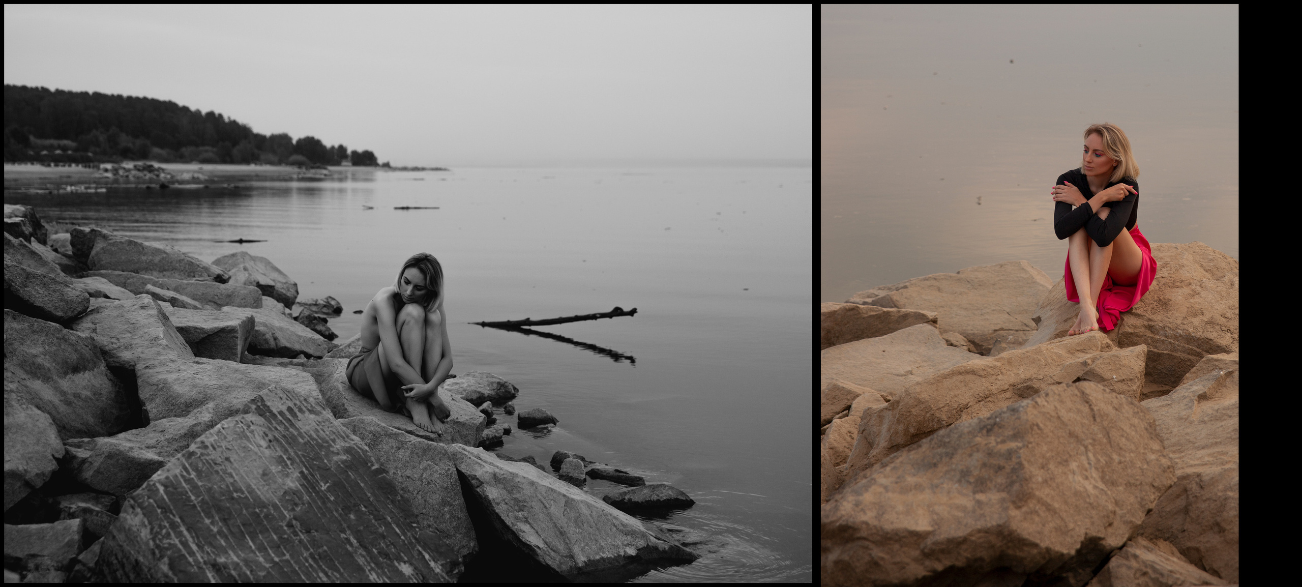 Обнаженная девушка сидит на камнях, обняв колени, девушка в розовой юбке на берегу моря.