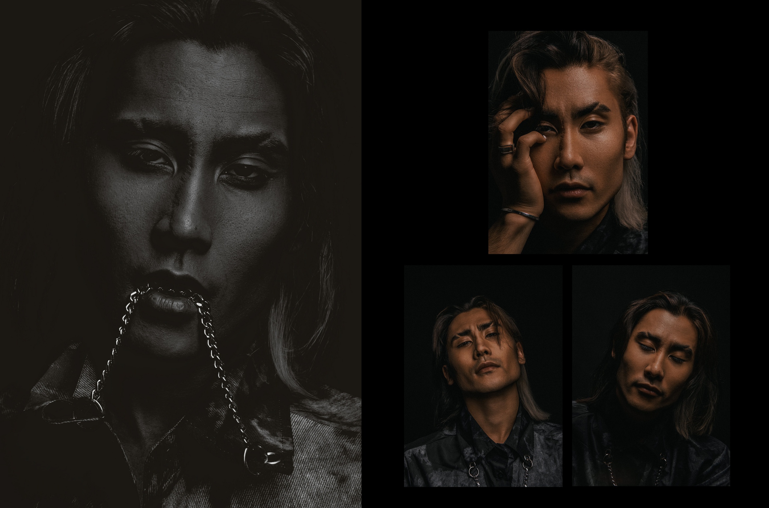 Кореец с черно-белыми волосами.