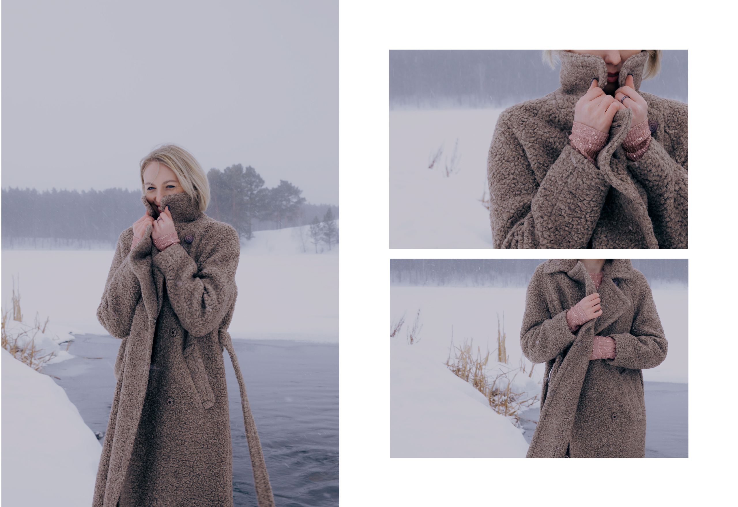 Зимнее фото девушки в плюшевой коричневой шубе из эко-меха.